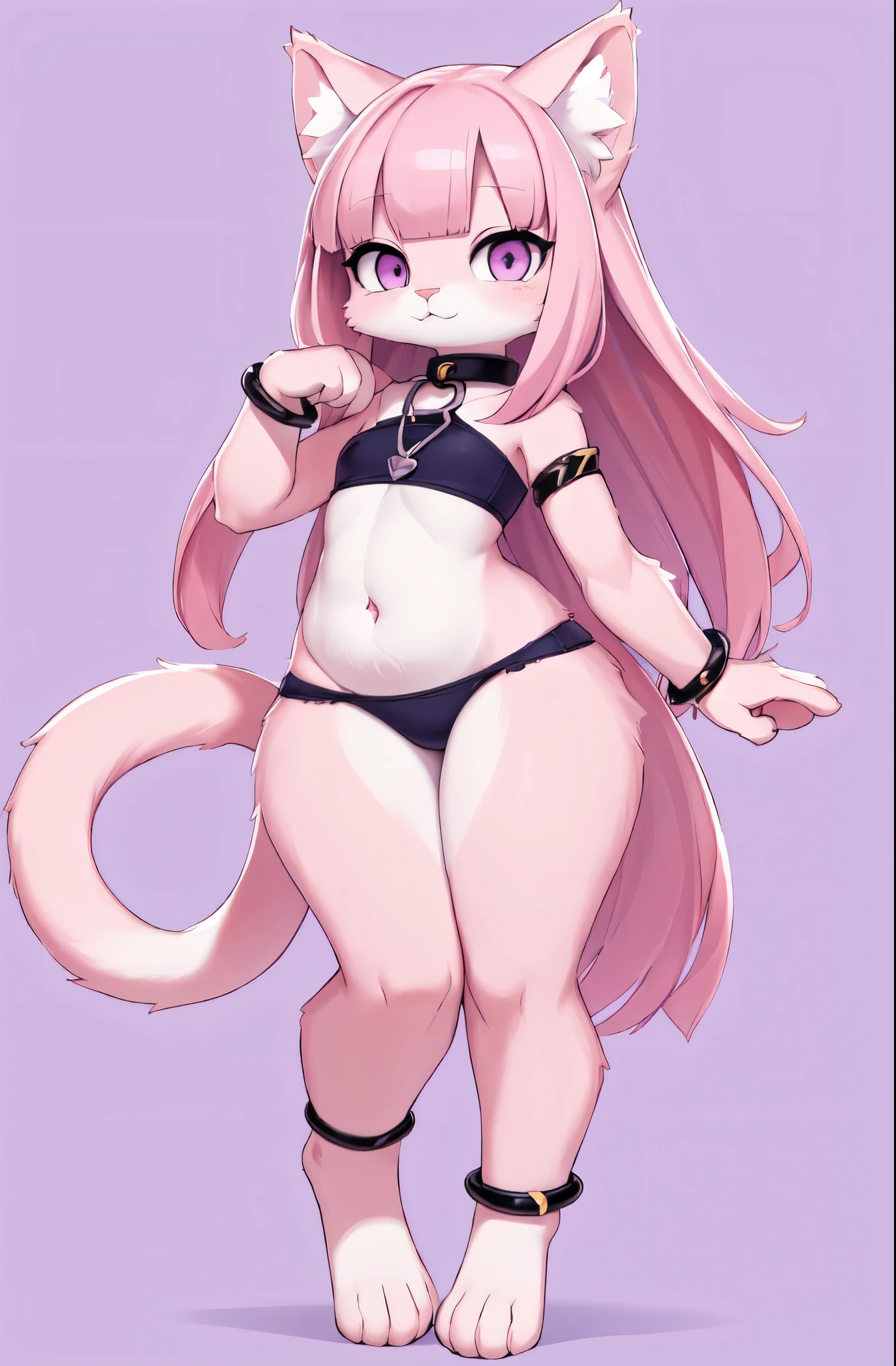 (A young pink femlae cat furry), young furry, short height, curvy body line, tummy, fluffy, pink cat tail, long pink hair, straight bangs, purple eyes, chibi, little, a navy chain-bracelet on left arm,lovely background,