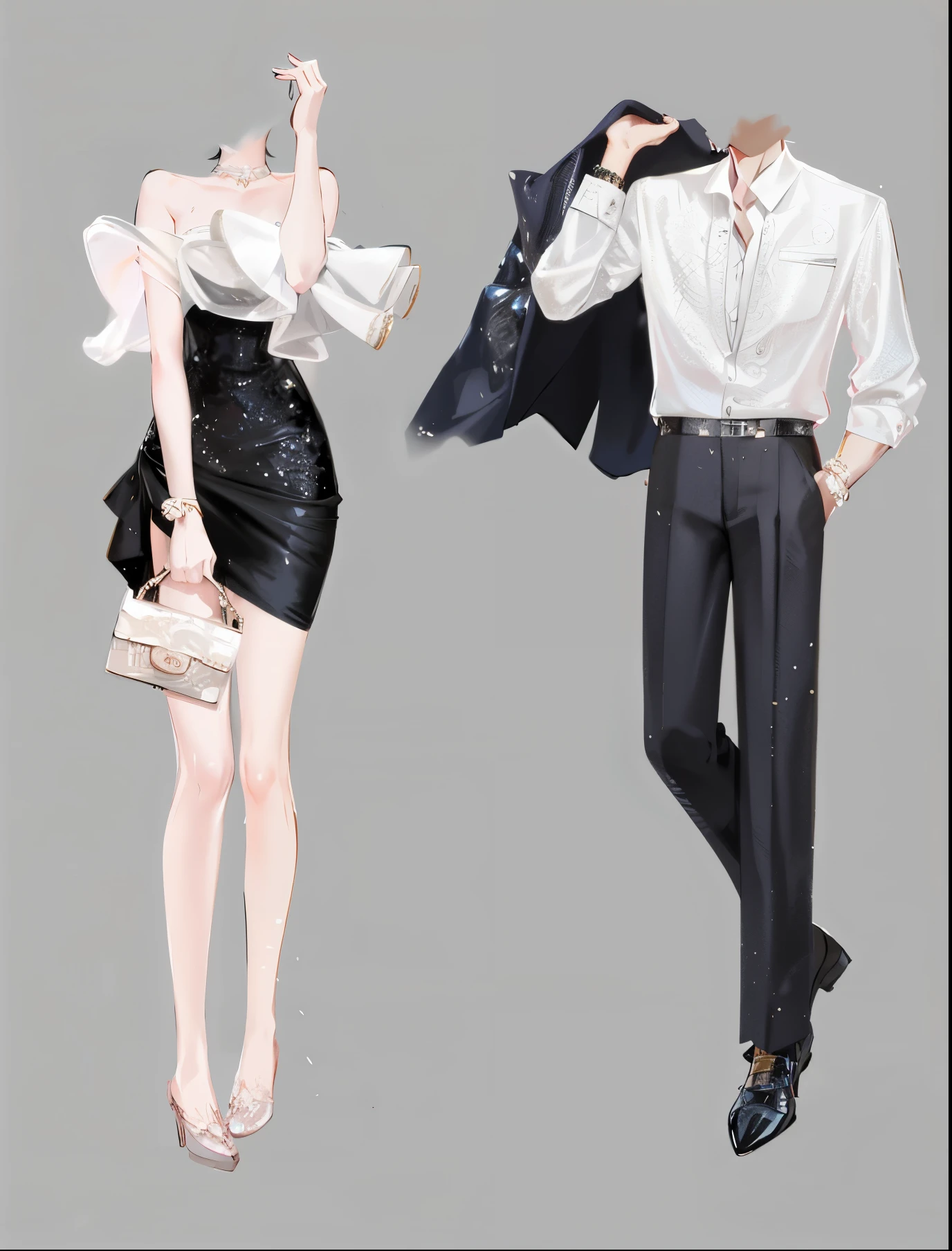 Anime style illustration，Man and woman in formal clothing, High fashion and elegance, fashion concept art, Dress up in dreamy formal attire, Elegant digital art, Costume design, Detailed fashion illustration, Elegant clothes, white and black clothes, luxury fashion illustration, Very detailed and rich costumes, Gorgeous clothes, luxury fashion, Wear long, flowing clothes