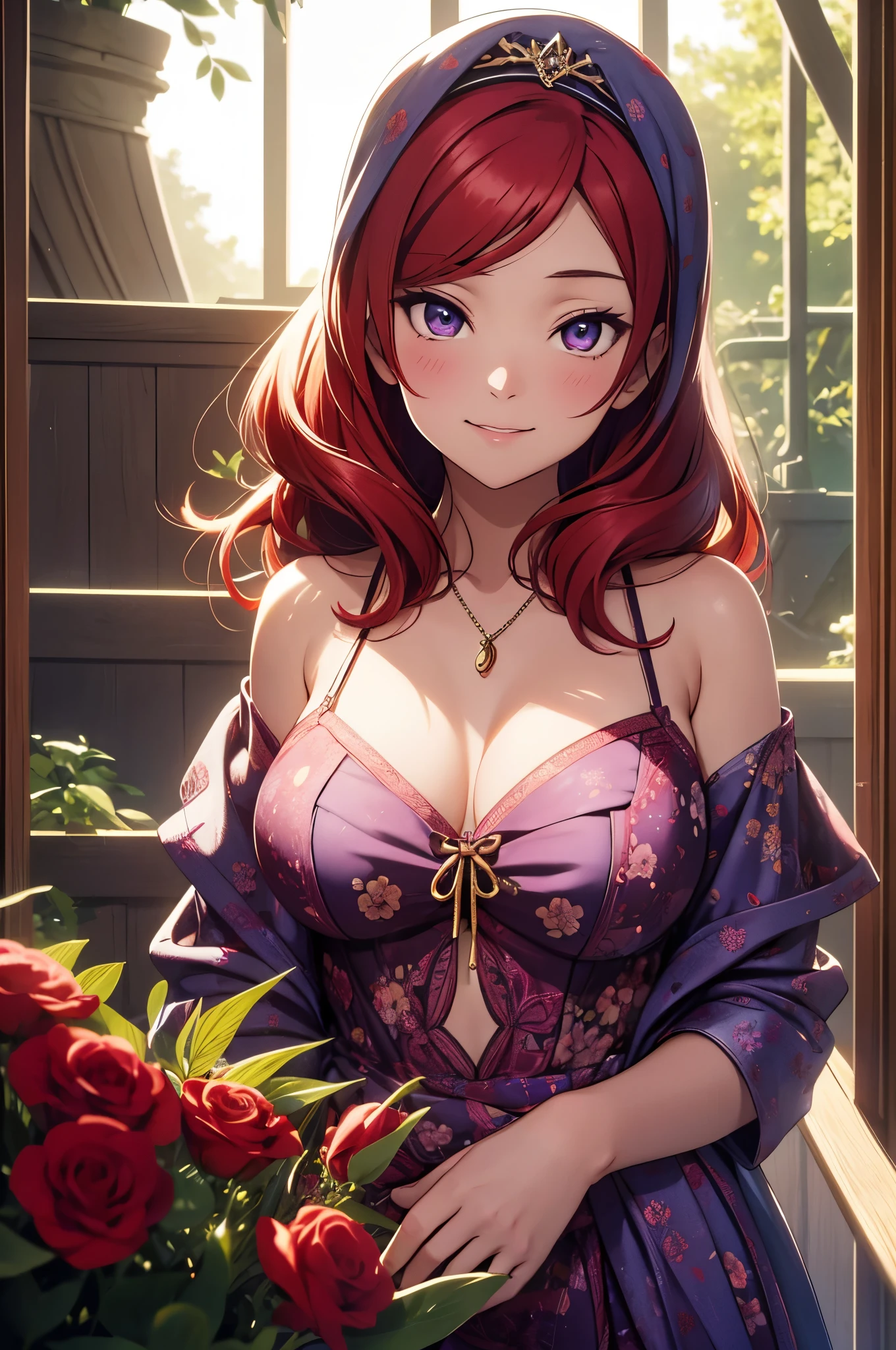 (Masterpiece, Best Quality, High Quality),Nishikino maki, Red hair, purple eyes, (hijab:1.2),moist skin,volumetric lighting, illustration, beautiful, a bow,upper body, (camisole:1.1), floral print, looking to the side,big breasts ,confident, seductive smile, (arms behind back, head tilt:1.1),bent over ,heart pendant, perfect lighting, perfect shadows, flower, (breathtaking scenery:1.1), tree, blushing