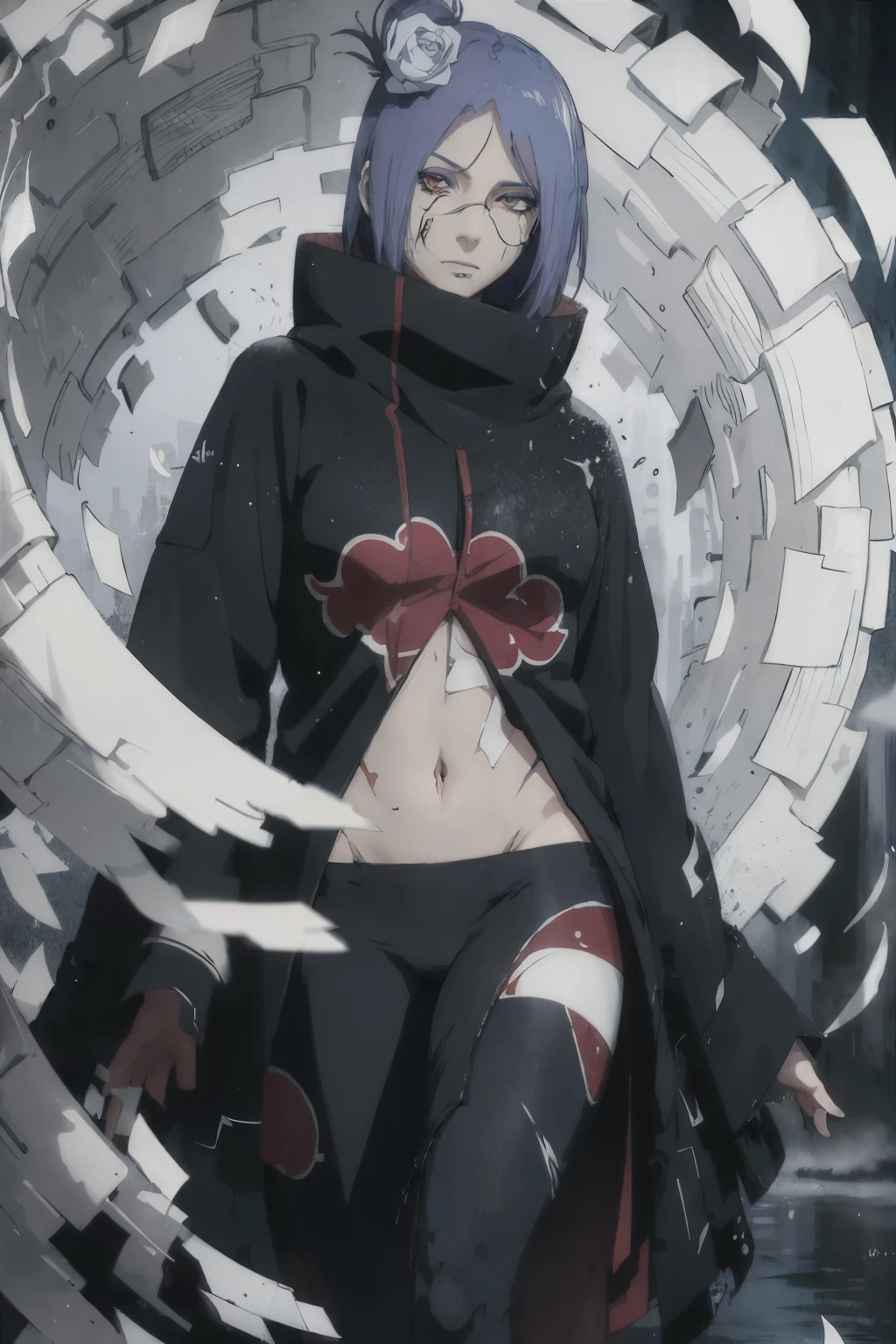 absurdres, (best quality), (masterpiece),(ultra-detailed:1.2),(photorealistic:1.1),(highres),
1girl,(injury:1.1),(blood:1.1),
konan \(naruto\), (akatsuki outfit:1.1), labret piercing, (paper:1.2),
ripples,swirling ,rainbow,