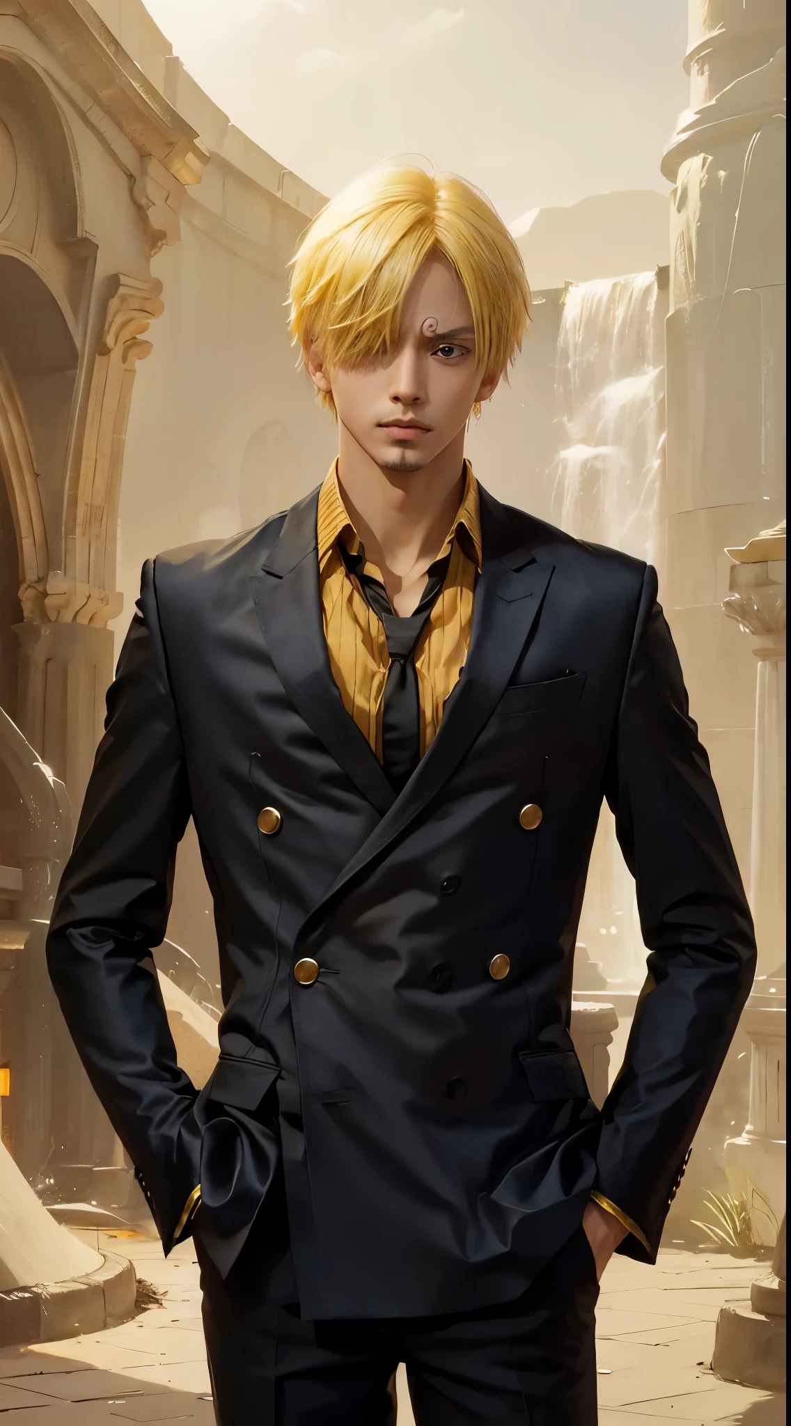 1man, sanji in anime one piece, short hair , yellow hair, black eyes, handsome, black clothes, realistic clothes, detail clothes, city Monumen Nasional, ultra detail, realistic