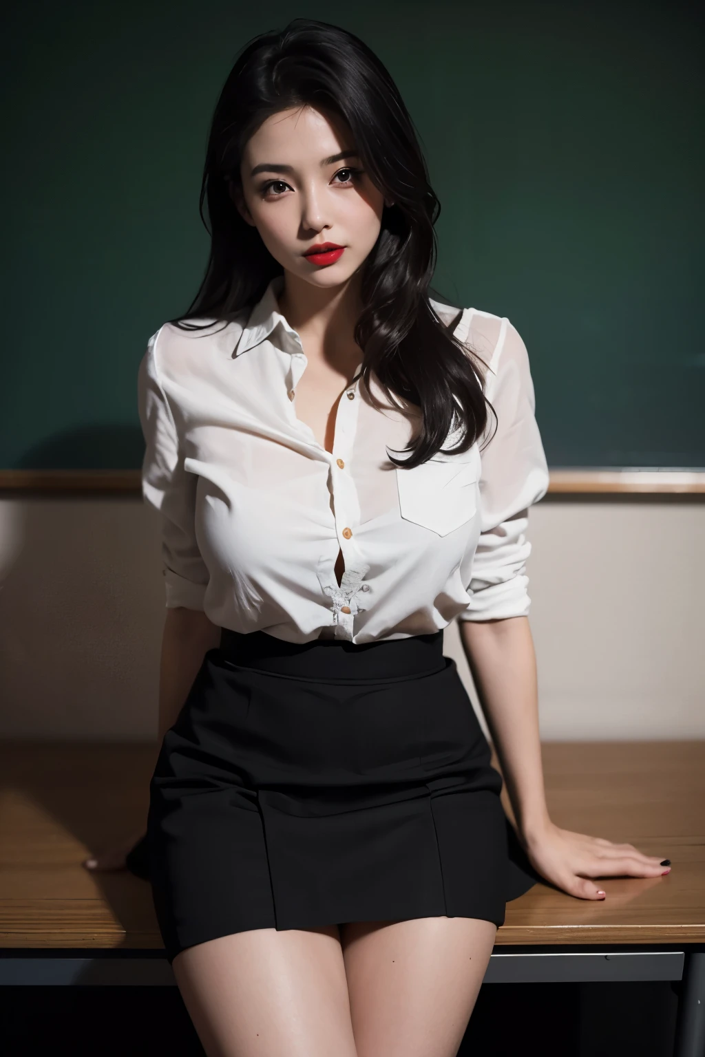 Woman, 30 years, adult, hot teacher in classroom, nsfw, sensuality, red lips, nigth, soft ligth, face detail, (black skirt) , from above, cinematiclighting, fingers --style realistic-imagine -