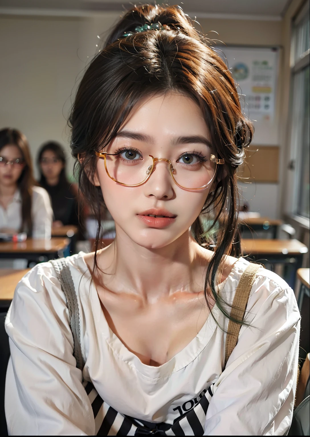 there is a woman wearing glasses sitting in a classroom, korean girl, guweiz style artwork, Urzan, wearing glasses, Realistic animation, kawaii realistic portrait, Wear glasses on, guweiz, Minami Zaiwa, young cute korean face, Wearing small round glasses, surreal , cute portrait,Long ponytail hairstyle,Black hair and green hair, Good-looking hair accessories, Eye color is light green,Wearing red glasses,half rim glasses