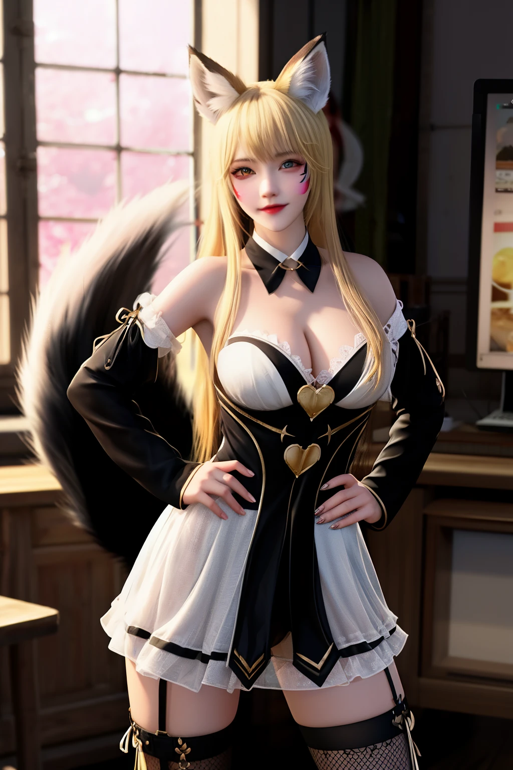 Best quality, Masterpiece, A high resolution, computer graphics, 1 girl, animal ears, tail, Fox ears, One, fox tail, Breast, thigh high, blonde hair, multiple tails, large Breast, heart, long hair, hand on hip, split, black thigh high, I look at the viewer, bare shoulders, mark on face, dress, mustache markings, nails, underwear, alternative costume, fox girl, lighting, frank, Photo, A high resolution, 4k, 8K, hips, Upper body