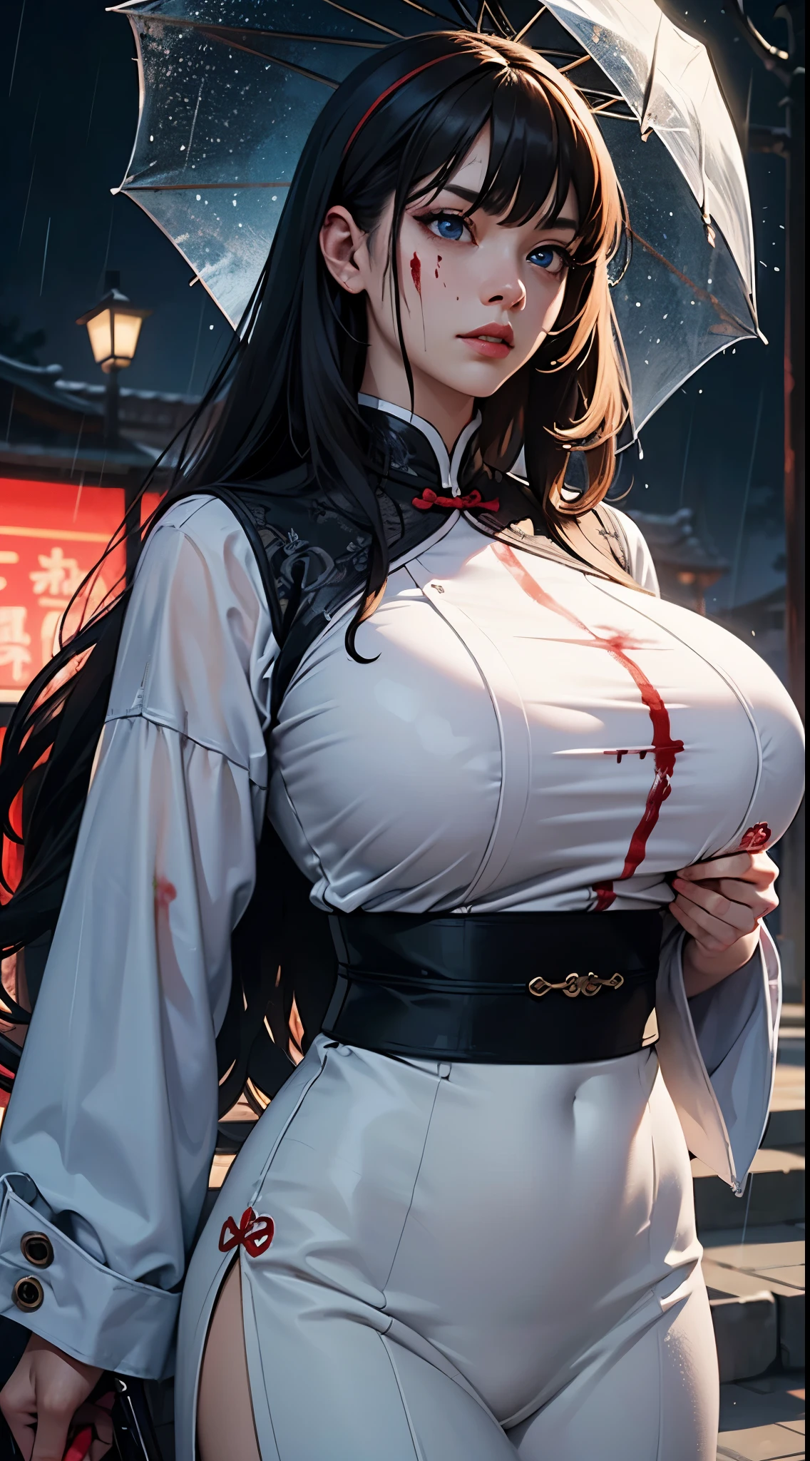 Masterpiece, best quality, night, outdoors, rainy days, branches, Chinese style, ancient China, 1 woman with huge heavy saggy breast, mature woman, jet-black long haired woman, gray blue eyes, light pink lips, cold, serious, weak, bangs, assassins, short knives, white clothes, black clothing patterns, blood stains, blood, injuries, blood on the face, blood on the clothes, rain, fine face, fine face,