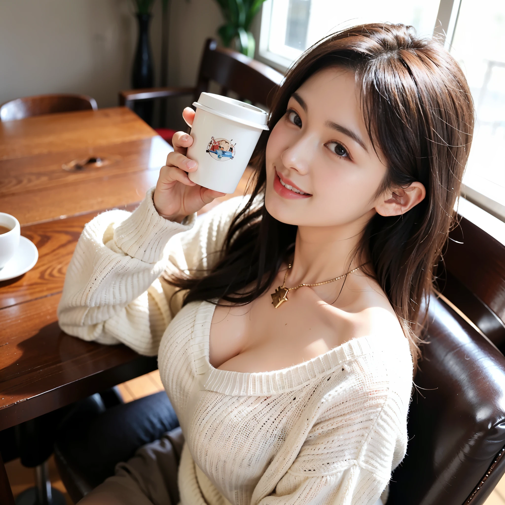 (top-quality、8K、32K、masterpiece、Photorealsitic:1.4、nffsw:1.2)、Photo of a cute Japanese woman、Colossal tits:1.4、very short bobbed hai, coffee cup in her hand 、sface focus、long hair,Oversized_Sweaters、a necklace、simple background、From above、looking at the viewers、cleavage of the breast:1.5、Balanced body op coffee ee cafe, coffee cup inher hand,cute smile, coffee cup, seat on table, ultra details, ultra realistic expression, busy cafe , customer in coffee cafe, window side