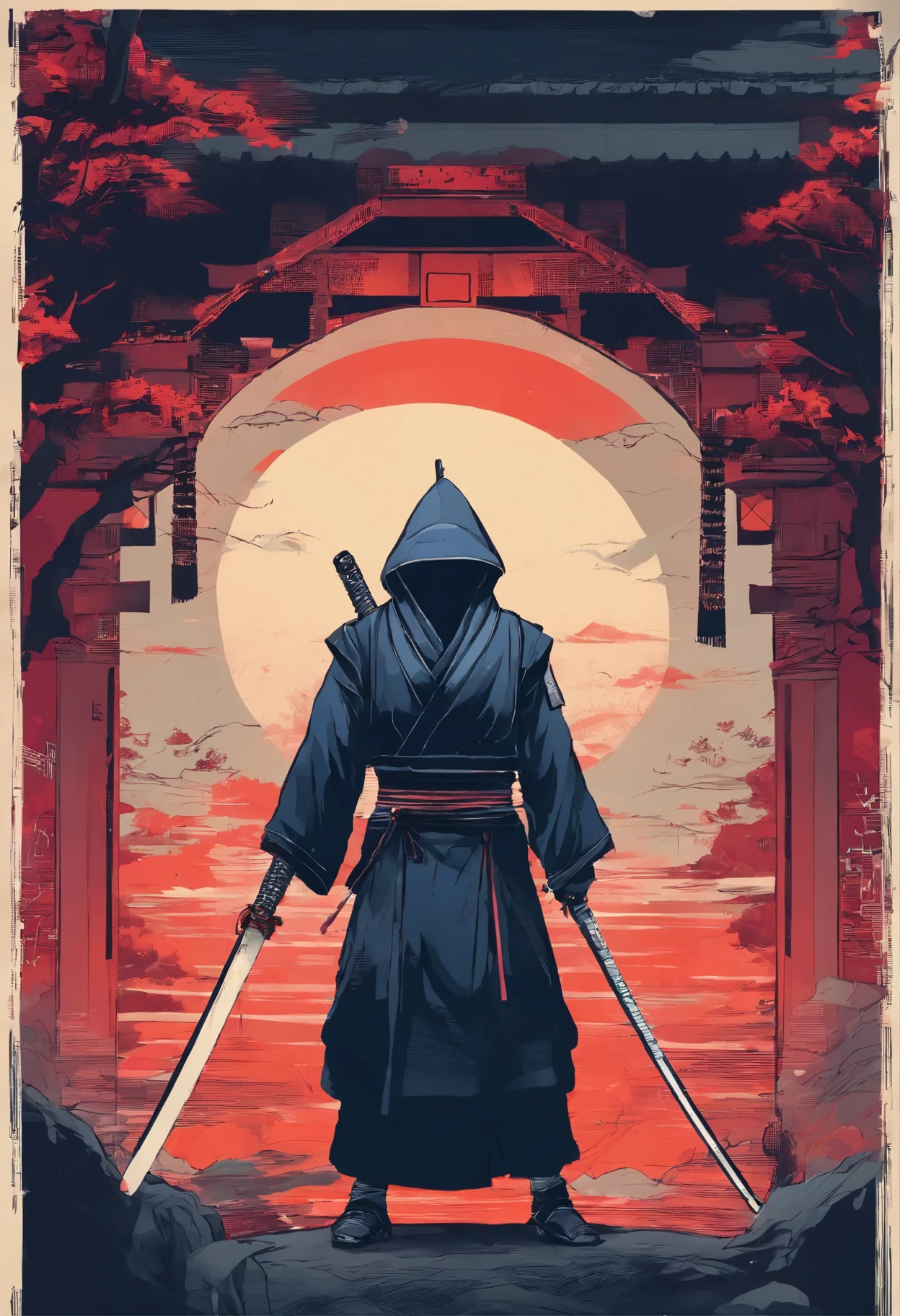 ronin, holding katana, dojo, night environment