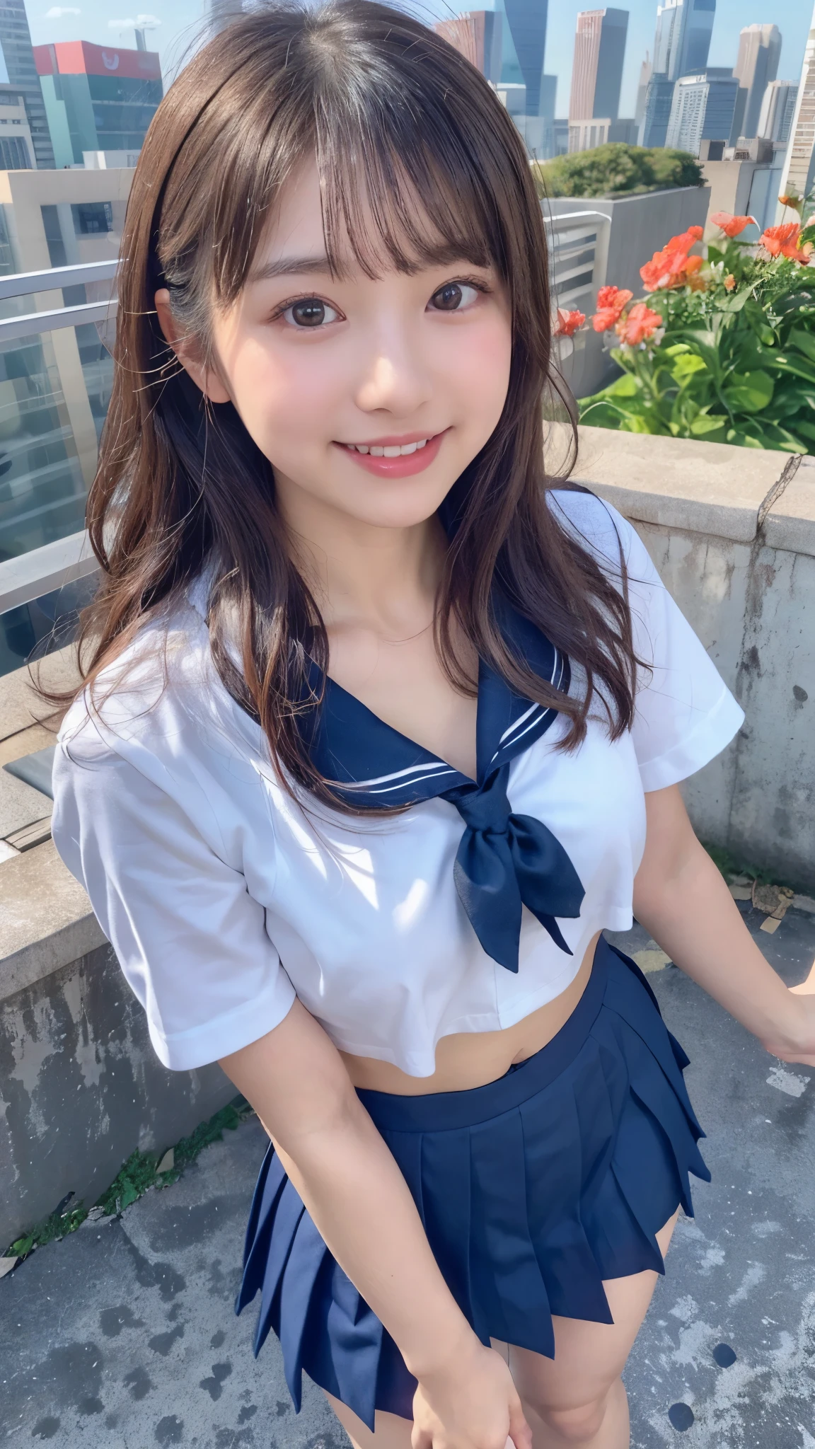 (best quality, 8k, 32k, masterpiece, UHD:1.2), (RAW photo), (realistic), (photorealistic:1.2), (high resolution), huge filesize, ultra-detailed, extremely beautiful face & eyes, 1girl, japanese ,14yo, 13yo, 12yo, round s face,y facein waist, large breasts,portions, thin thighs, (darkblue pleated mini skirt, japanese sailor, sailor fuku, serafuku, japanese school sailor suit), nice hands, perfect hands, accurate hand depiction, perfect thumb & fingers, sweaty, shy smile, pure white teeth, from below, blue sky, skyscraper, rooftop at dawn, summer,