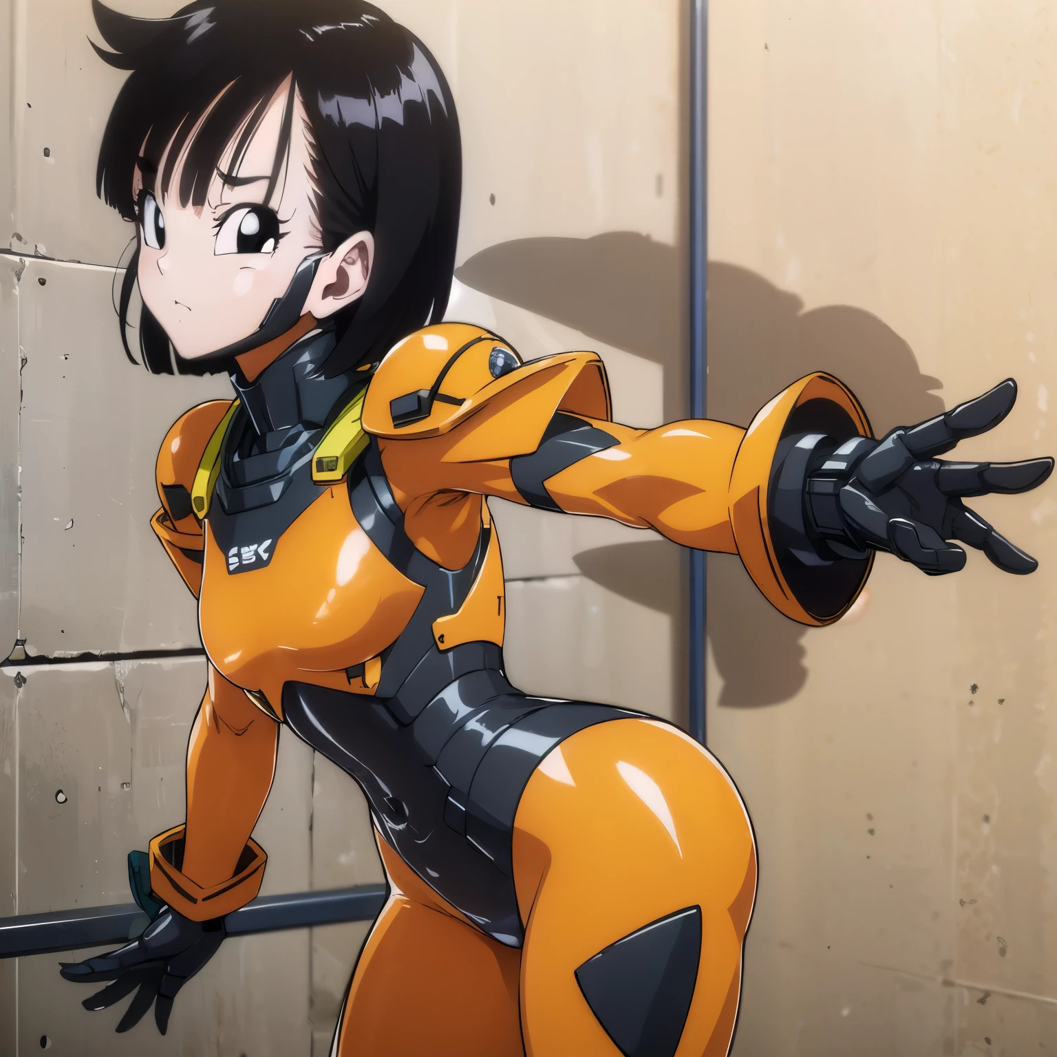 1girl, pan gt, short hair, black hair, (black eyes:1.5),mecha musume, bodysuit, empty eyes, expressionless 