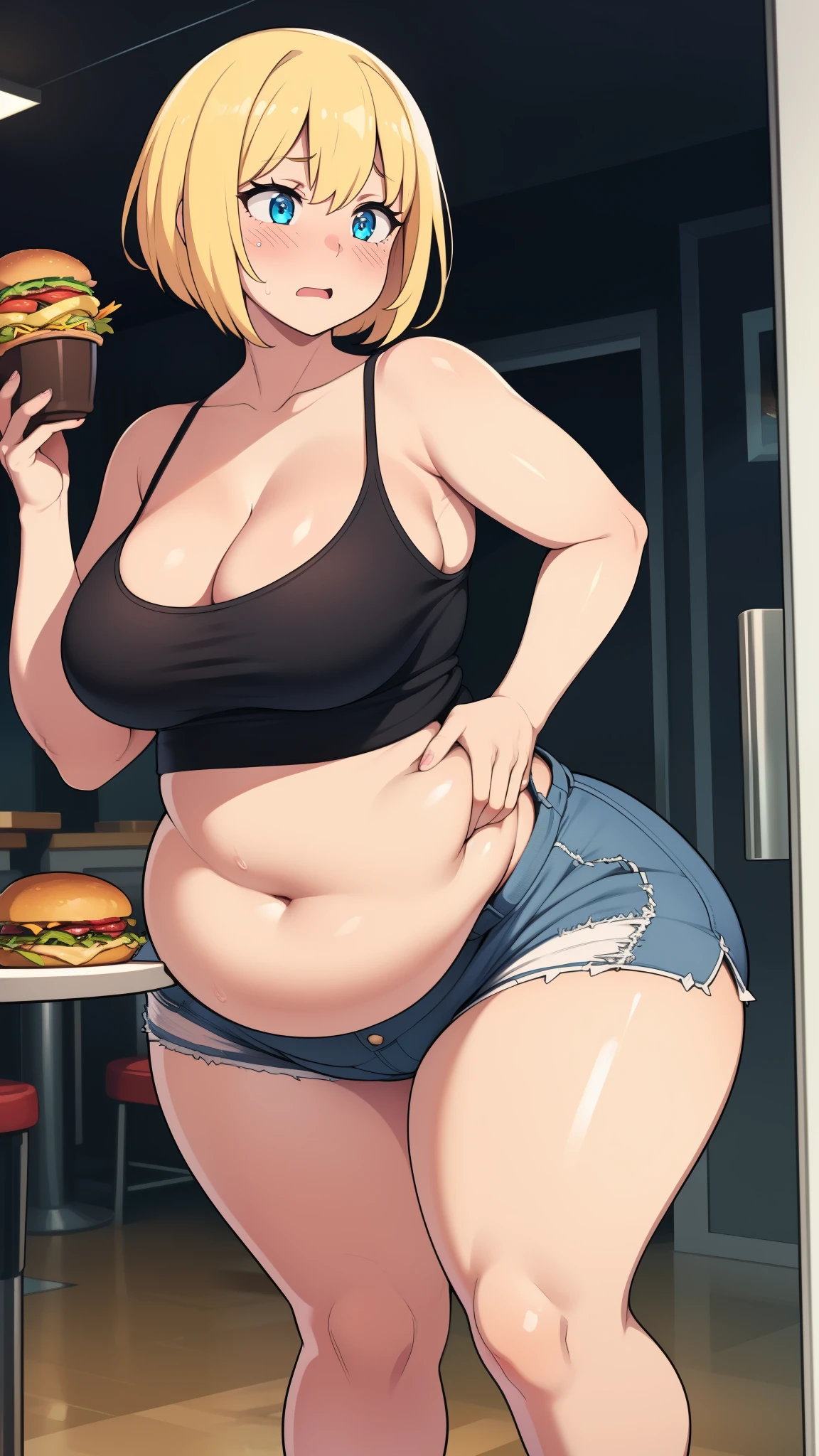 ((highres)), Masterpiece, high quality, best quality, beautiful, perfect lighting, detailed face, ultra cute face, ((1girl)), ((solo)), ((blush)), embarrassment, one girl has blonde hair, blue eyes, crop top and shorts, tight clothes, fast food restaurant, medium breasts, cleavage, perky breasts, (wide hips), ((thick thighs)), (chubby), fat folds, belly hang, standing next to each other, hand grabbing belly,