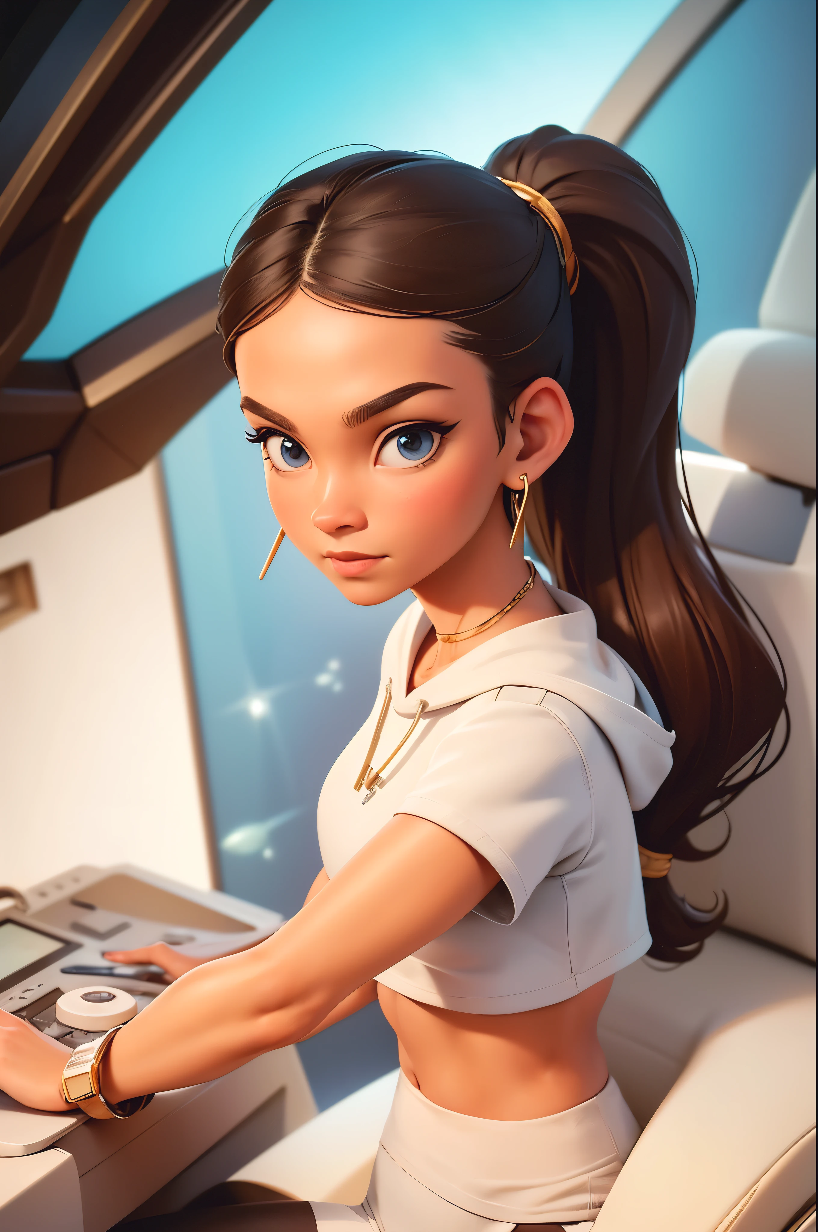 brown hair, blue eyes, ponytail, (white crop top hoodie), (white yoga pants), gold necklace, wrist watch, in a cockpit of a spaceship, in space (photorealistic: 1.4)