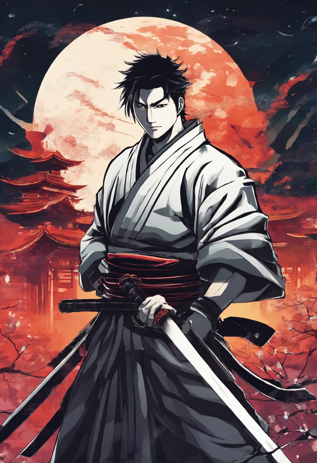 ronin, holding katana, dojo, night environment