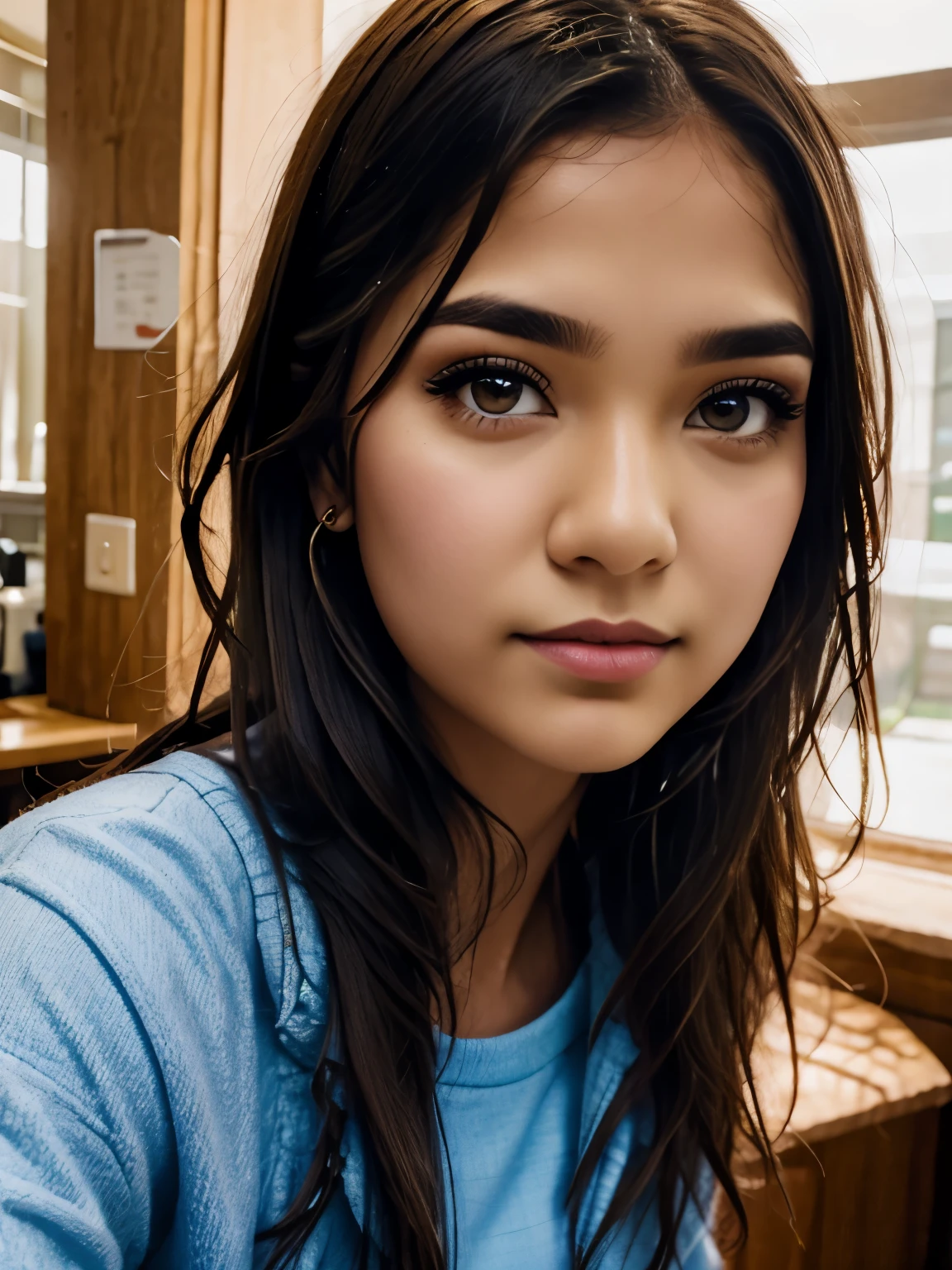 Alex Less , brunette hair, parted hair style, Detailed skin, Detailed Face, Detailed Lips, Detailed Eyes, light make up, happy, textured skin, super detail lighting, college, photo from far , modest dressing,indian, home, looking into the camera, selfie