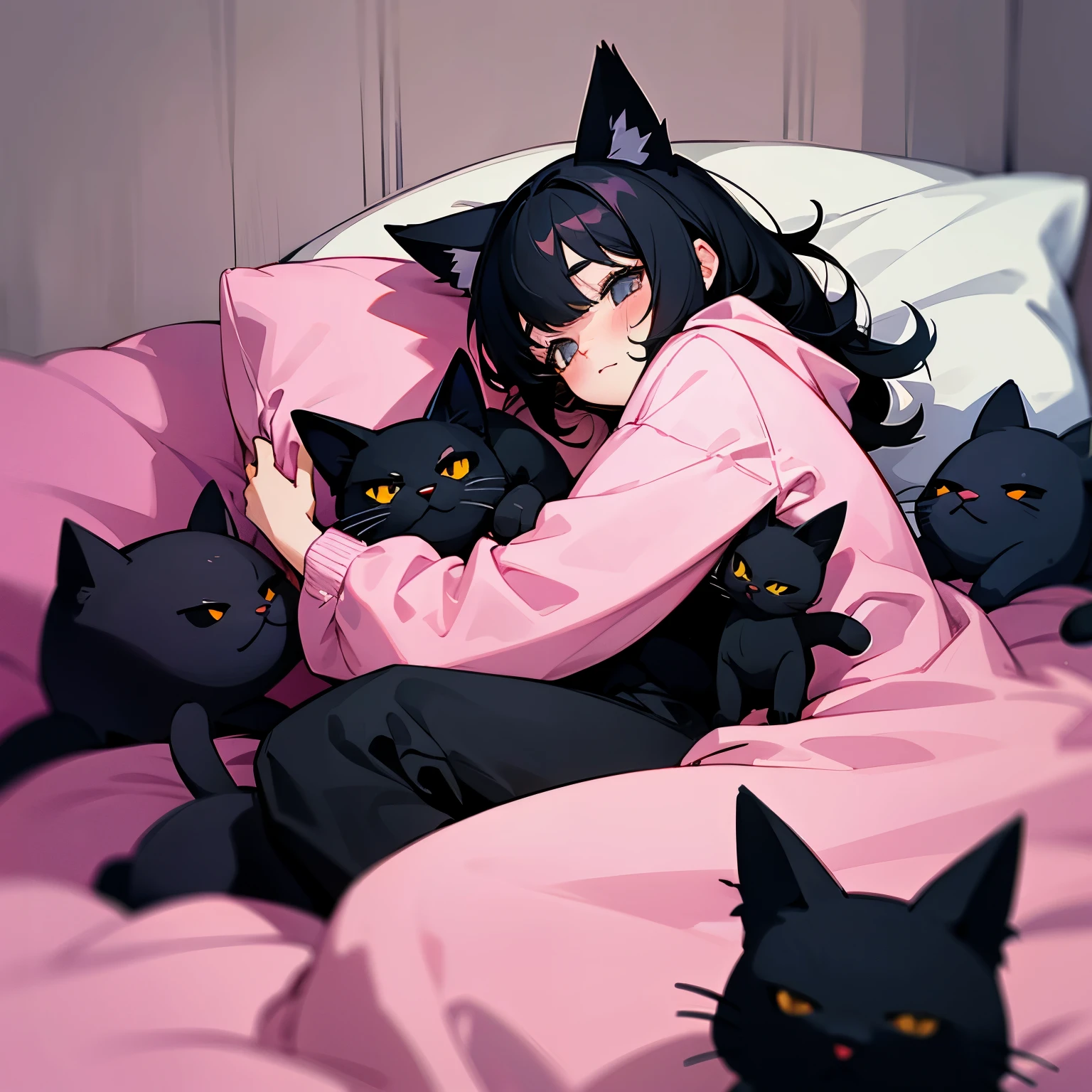 super adorable black haired cat girl cuddling a plushie of a cat laying in bed wearing a pink hoodie 