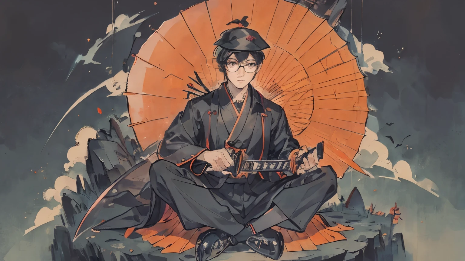 an asian man with a japanese kimono and topknot holding a parasol and a backpack, umbrella, sword, solo, 1boy, black hair, weapon, male focus, black footwear, glasses, hat, katana, gloves, black headwear, dark skin, oil-paper umbrella, orange eyes, sitting, looking at viewer, boots, jacket