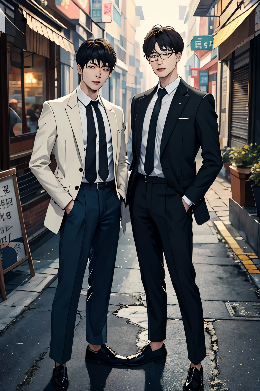 Two men are standing facing each other on the street, in realist style: Life-like accuracy, K-drama, hyperrealistic pop, worm core, realistic, meticulous design ,Byeolpung art group Singsing, 32,000, best quality, masterpiece, super detail, high details