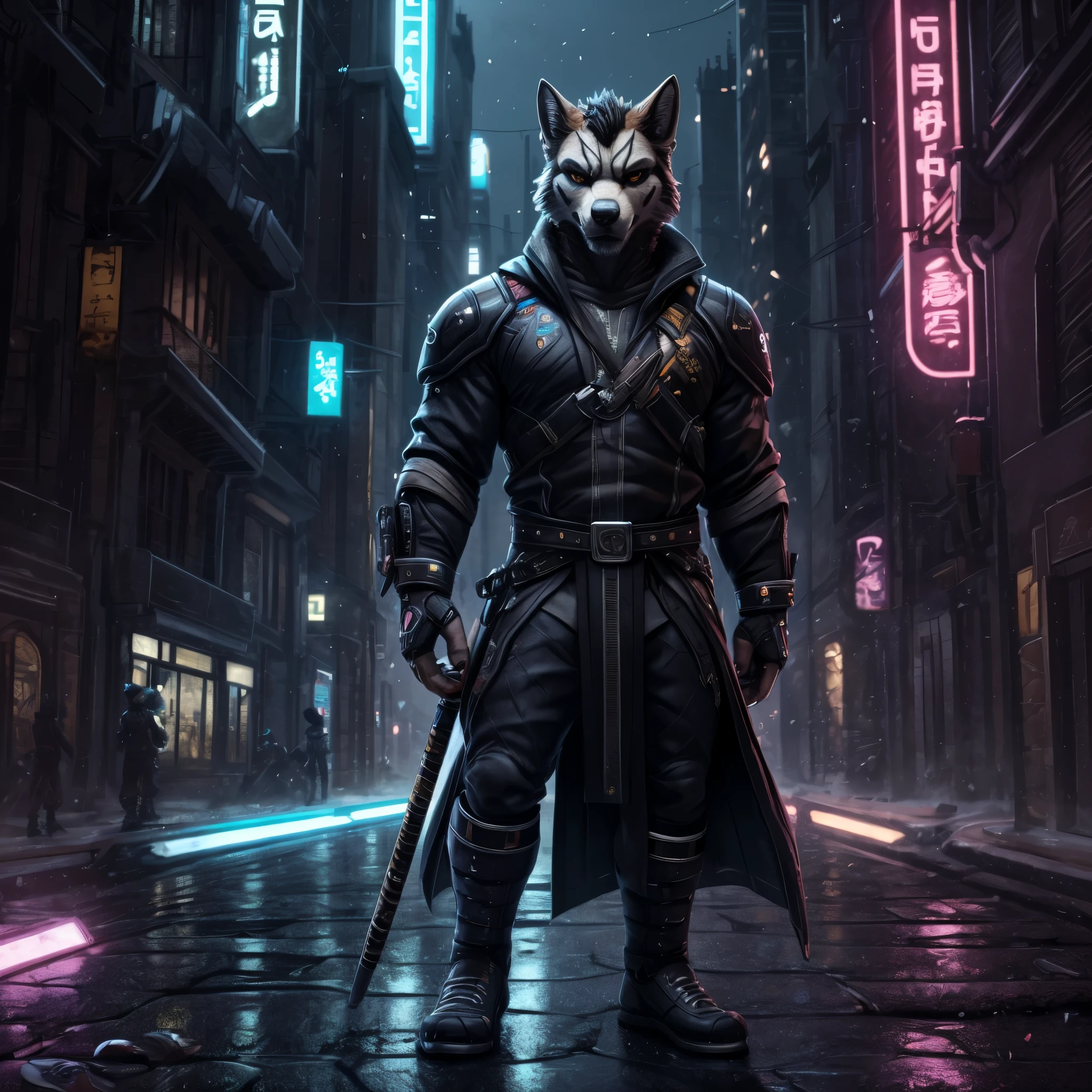 hi resolution image of a samurai in black (samurai techwear: 1.4, cyberpunk), puddles highly detailed, night hyper-realistic, masterpiece dramatic cinematic, lighting out of focus background, reflections in with city street background, bladerunner armor,Resolution 8k,style raw, with katana sword,---Auto---S2