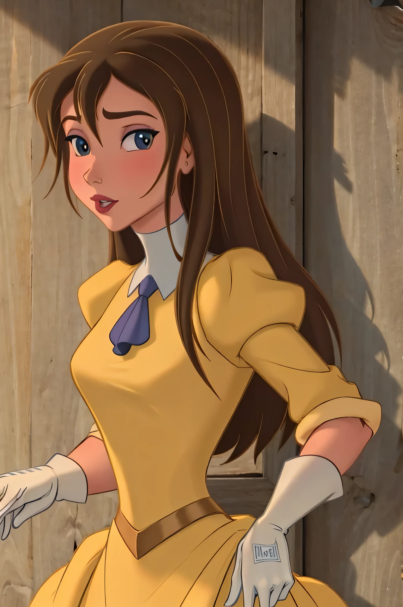 jane,1girl,solo,looking at viewer,brown hair,long hair,blue eyes,breasts,medium breasts,gloves,dress,makeup,yellow dress,white gloves,lipstick,
