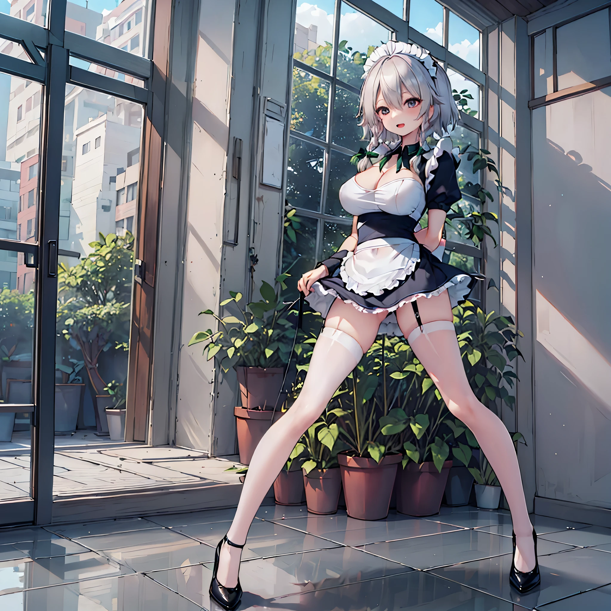 (solo Sakuya toho character standing at front of large glass windows), skinny, (open long legs wide:1.3), BREAK, (large perky breasts), (emphasize cleavage), (inconceivably thin narrow waist:1.7), short torso, thin long legs apart, arms behind back, arched back, emphasize thigh gap, BREAK, (very short maid dress) lifted breasts up, (maid dress cinches narrow waist inconceivably tight:1.7), (cleavage cutouts wide), (too short skirt:1.4), highheels, tiptoe, (pigeon toed), smile for viewer, open mouth, (orgasm), nsfw, pussy juice