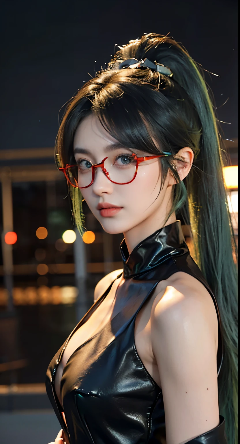 pretty girl，Long black hair and black dress posing for photo, guweiz style artwork, Beautiful anime portrait, Stunning anime face portraits, Realistic girl rendering, Realistic 3D style, Smooth CG art, author：Yang Jie, Realistic art style, 3D realistic, Realistic style, 8k portrait rendering，Long ponytail hairstyle，Black hair and green hair, Good-looking hair accessories, light green eyes，big eyes，,Wearing red glasses，half rim glasses，Smile