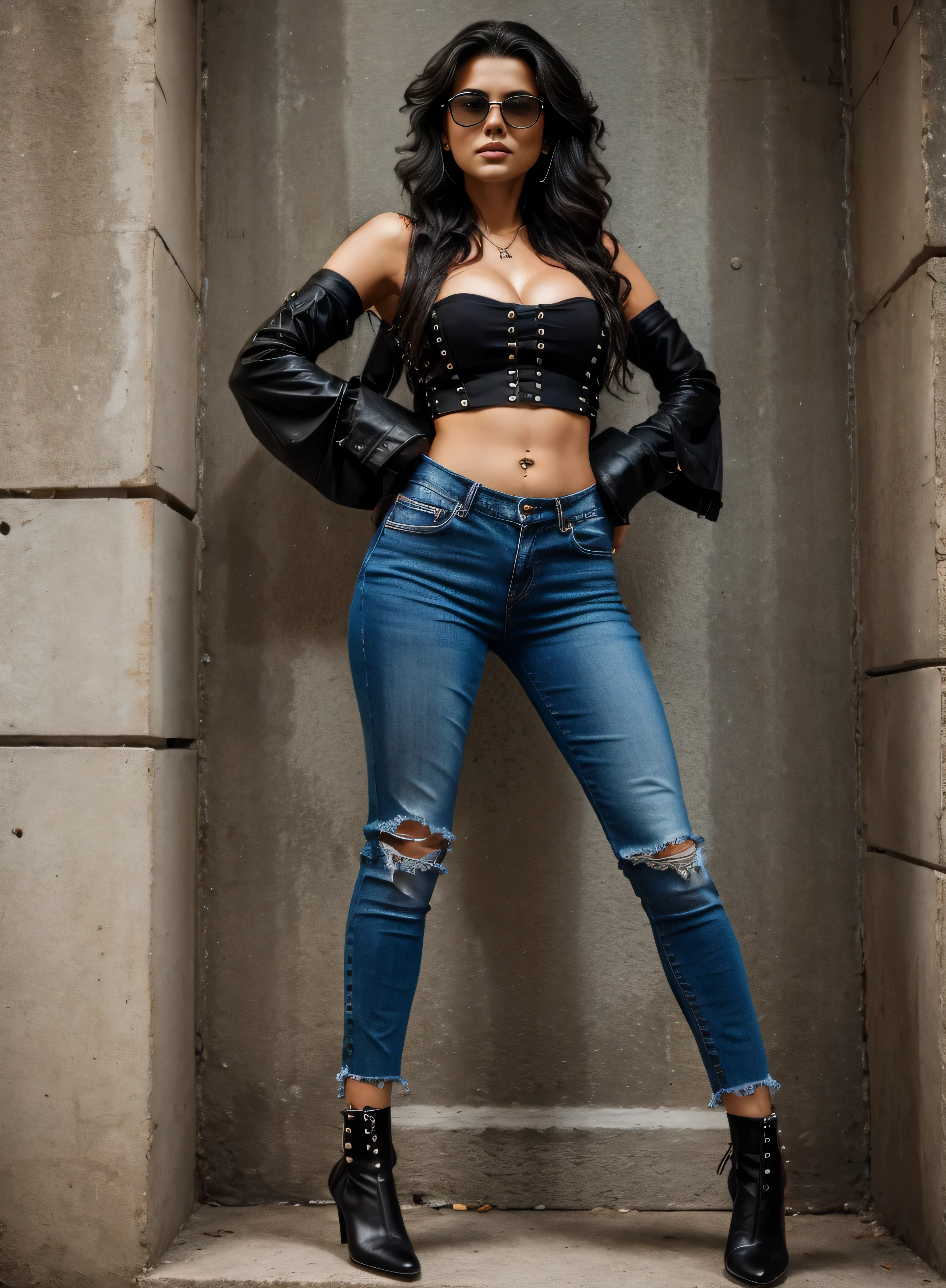 80s european woman metal singer, cabelo preto, sunglasses, peito grande, dark jeans, rivets, trousers, cinto, com arma grande. corpo completo.