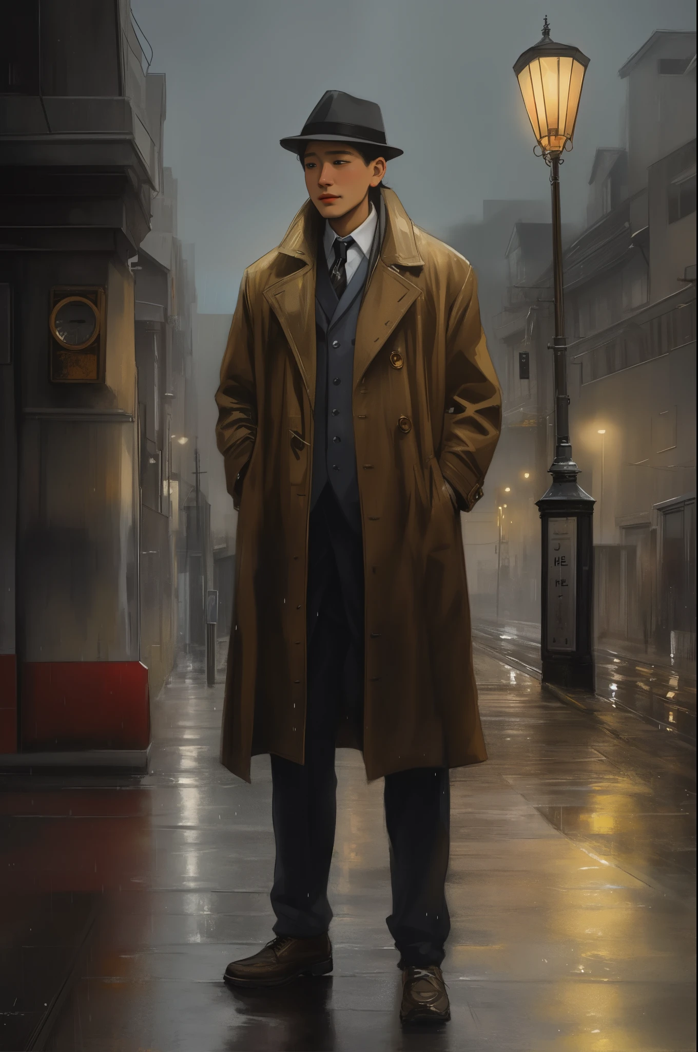 Arafed image of a man in a trench coat and hat standing in the rain ...