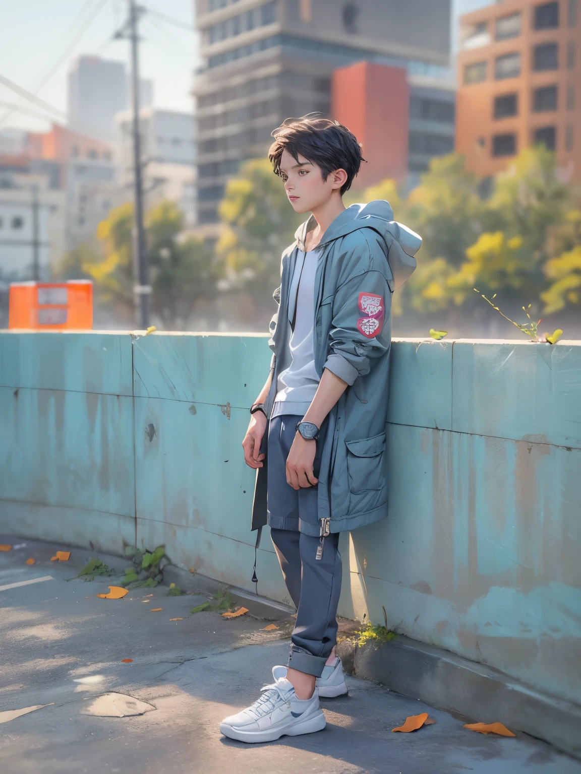 a masterpiece,Bestquality,offical art,8kwallpaper,Extremely Detailed,Illustration,23 year old 1BOY,Trendy outfits,watch,sneaker shoes,squat down,Hands droop naturally,Hooded jacket,Street side,