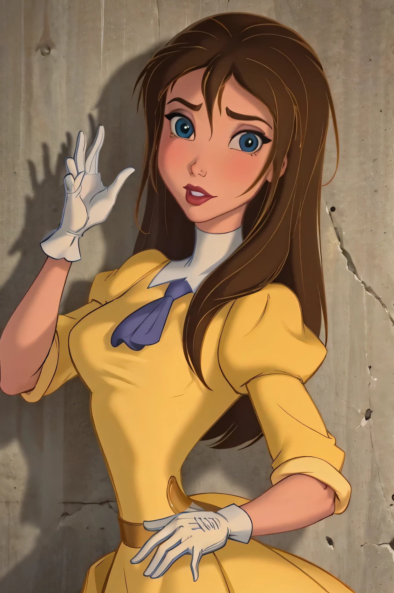 jane,1girl,solo,looking at viewer,brown hair,long hair,blue eyes,breasts,medium breasts,gloves,dress,makeup,yellow dress,white gloves,lipstick,