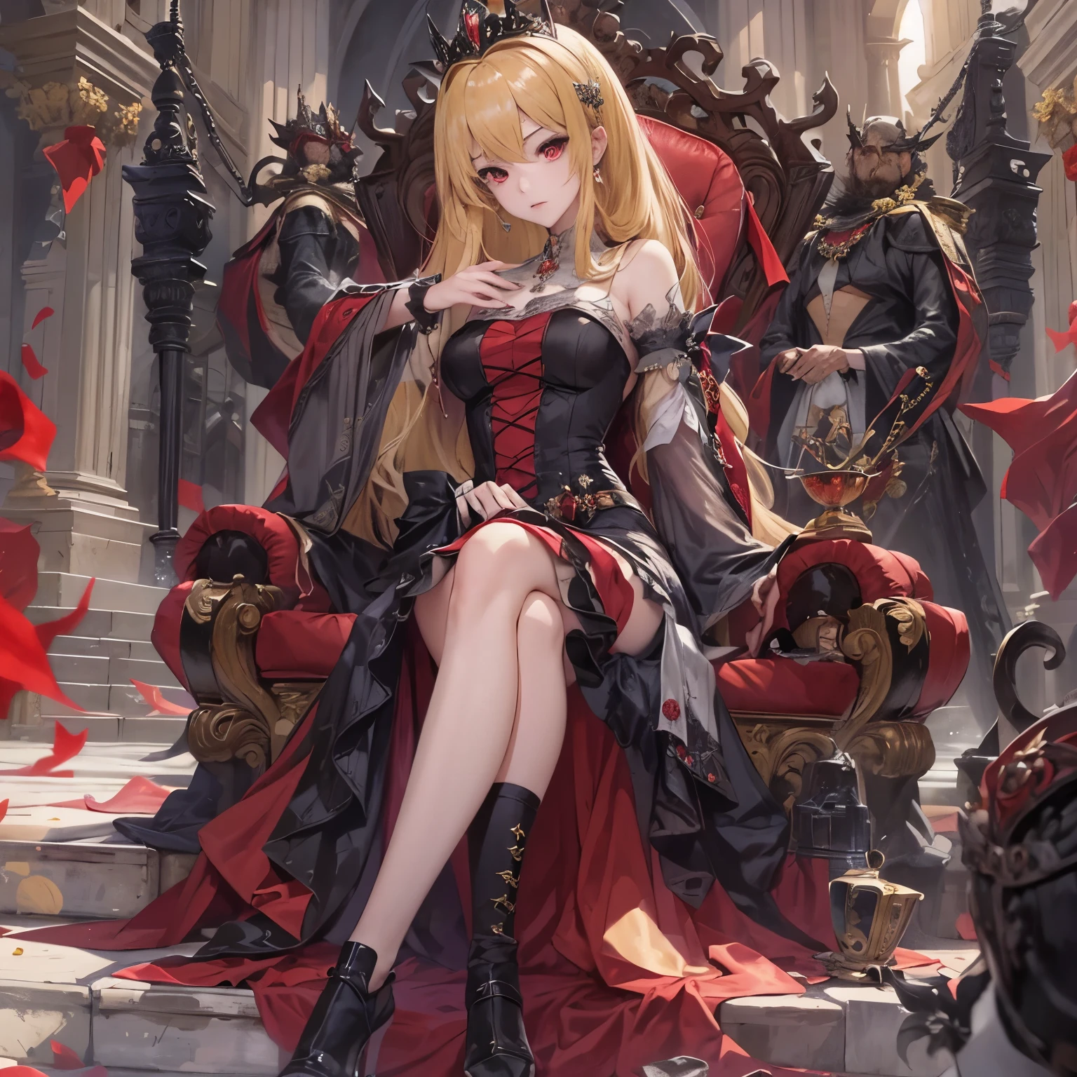 anime characters: A woman, a queen, a queen, a throne, a long and narrow face, looking down, condescending, two-legged legs, not angry, self-possessed, dark red with black evening dress, Lolita style clothes, vampire blond hair, rocking a goblet, red pupils, masterpiece, shadow avatar, blond hair, alone
