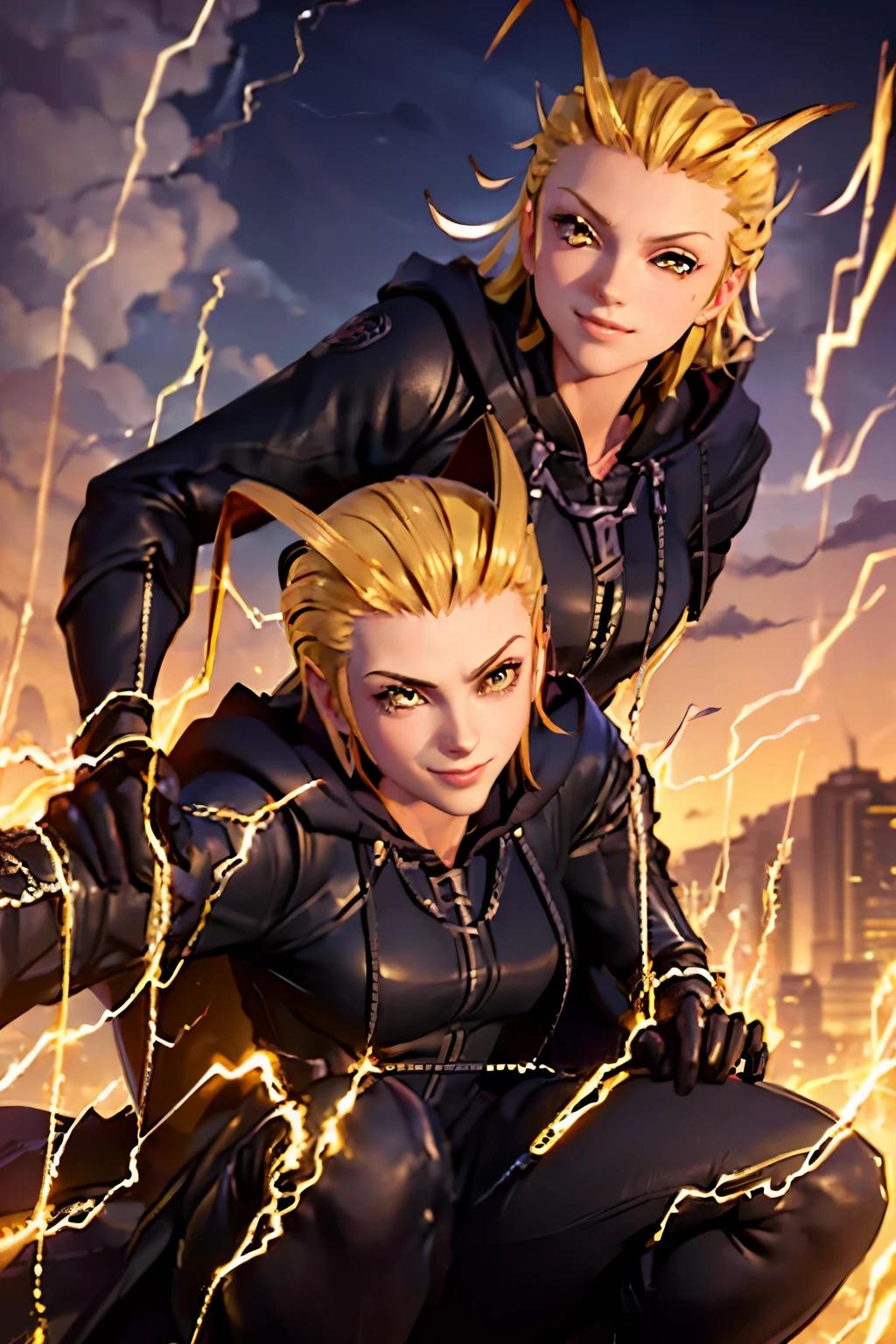 sfw, (masterpiece), (best quality:1.0), (ultra highres:1.0), detailed eyes,
Larxene, 1girl, yellow eyes, smiling, smug, posing, (lightning),
black coat, jewelry, zipper, black pants, black gloves, hood down,
gorgeous view, looking at camera, close up