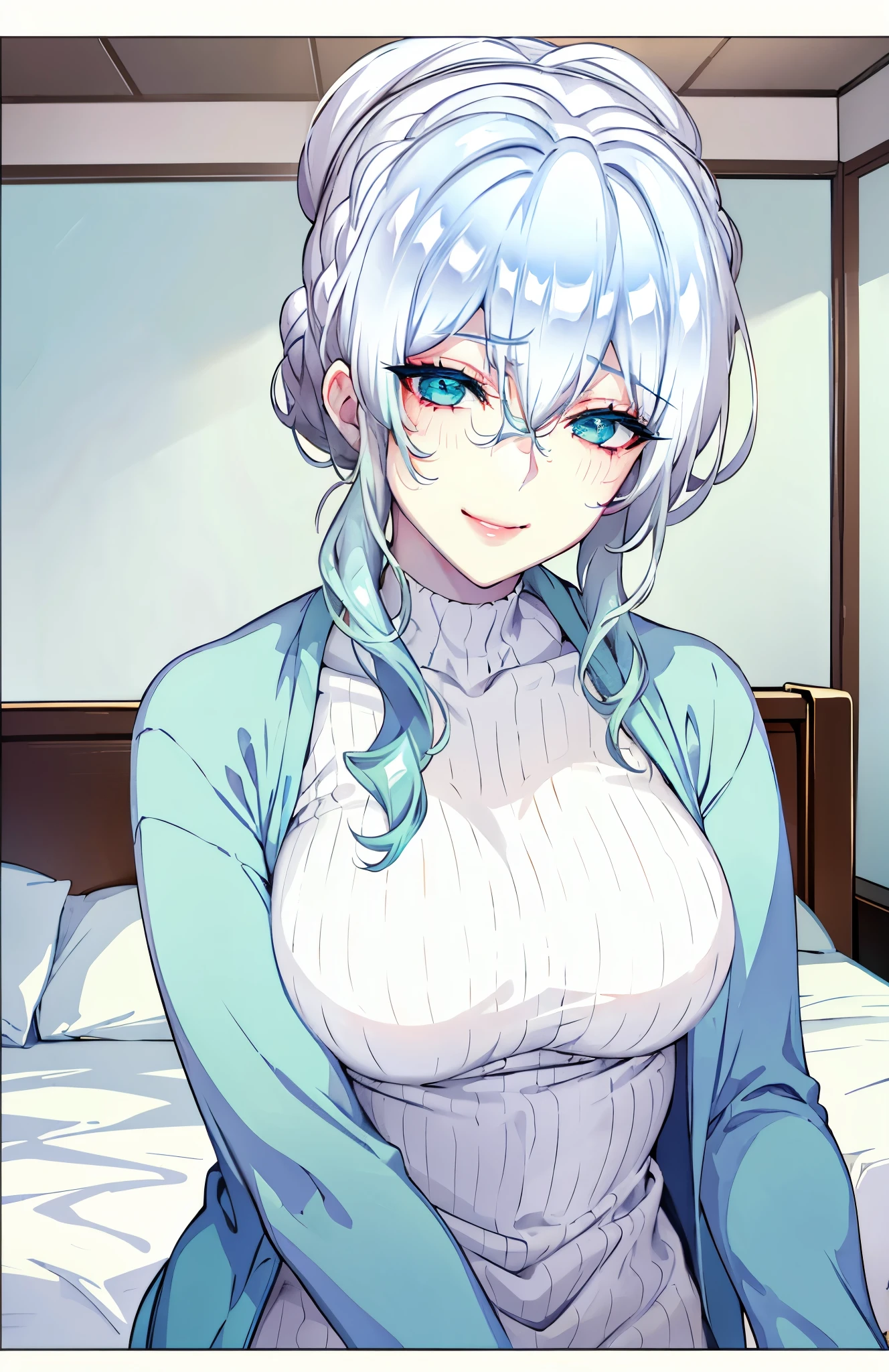 1 woman, cyan shirt, slightly bend forward, smiling charmingly, beautiful face, hair buns, white hair, close-up upper body, cleavages, on bedroom