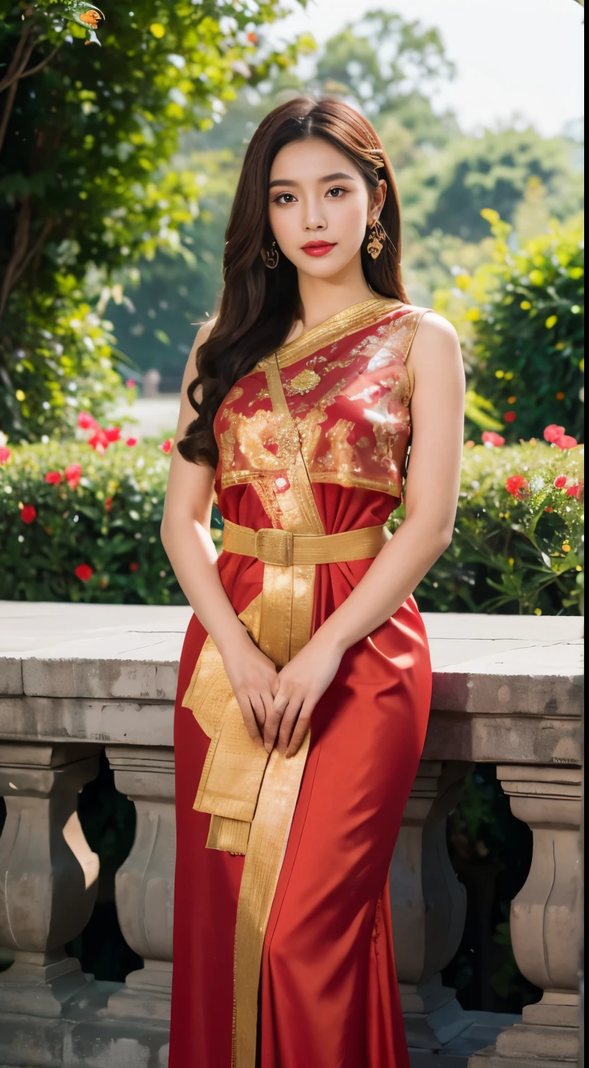 detailed face, Clear face, beautiful girl, Asian makeup, red lips, brown hair, crown, Medium body, big breasts, Thai angel costume, ancient, Medium sexy dress, red dress, high resolution, The body is full of, evening light, flower garden background, The figure is proportionate to the level of a beauty queen.,full body.