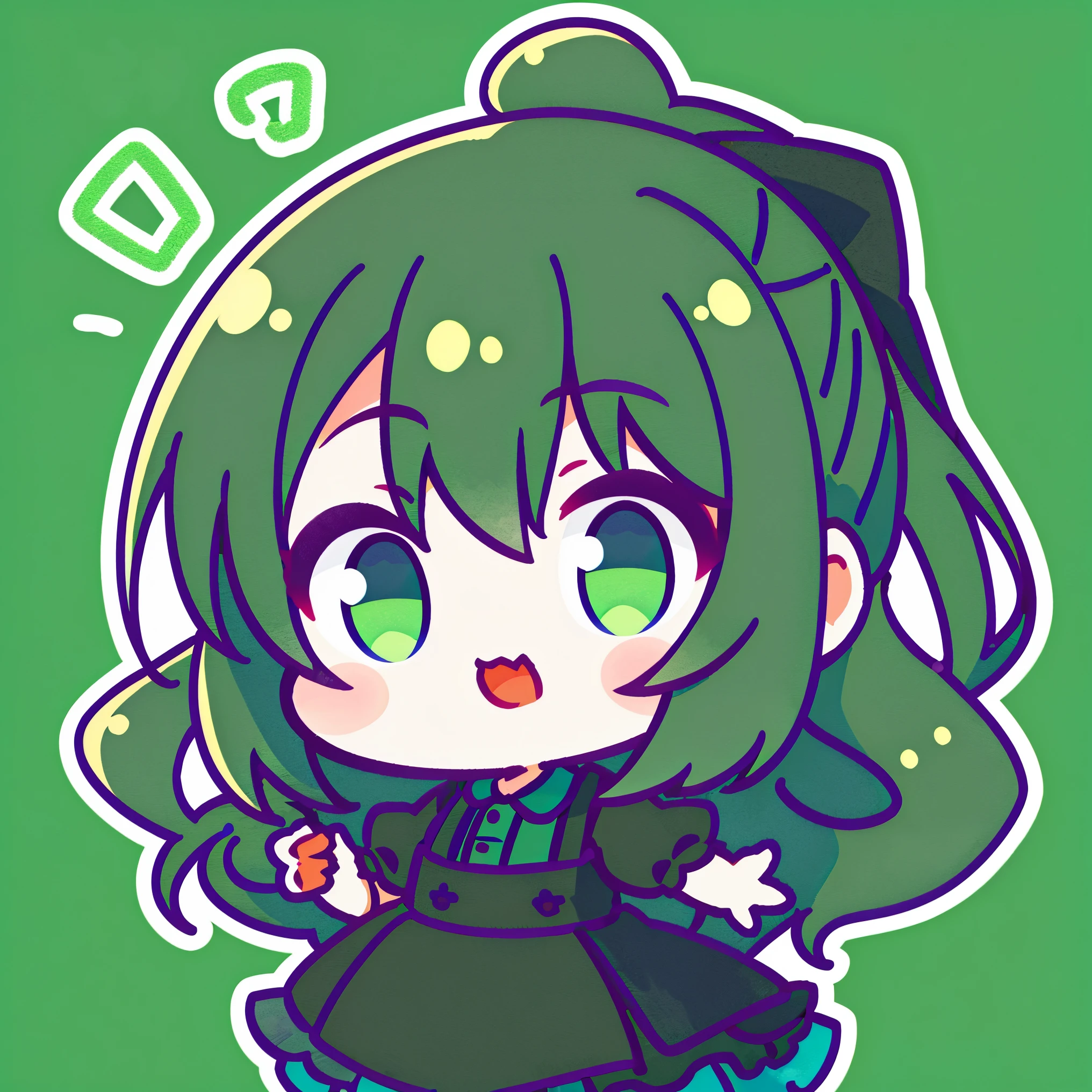 Chibi、(hightquality、ultra detailed to hand)、dark green hair, long ponytail, no bangs, girl, wearing a black dress