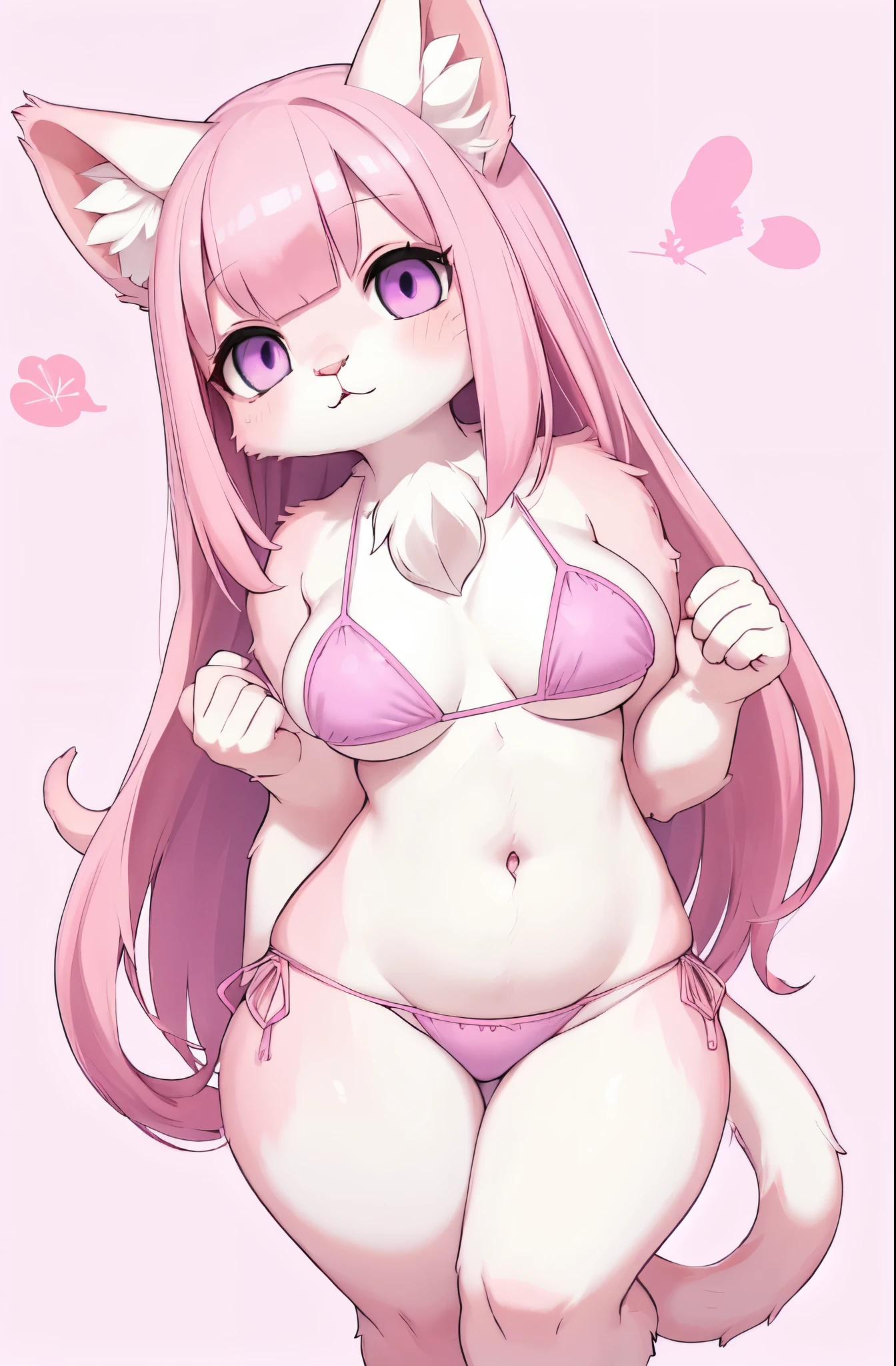 (A young pink femlae cat furry), young furry, short height, curvy body line, tummy, fluffy, pink cat tail, long pink hair, straight bangs, purple eyes, chibi, little, lovely background, bikini, cow-patterned bikini, holding milk