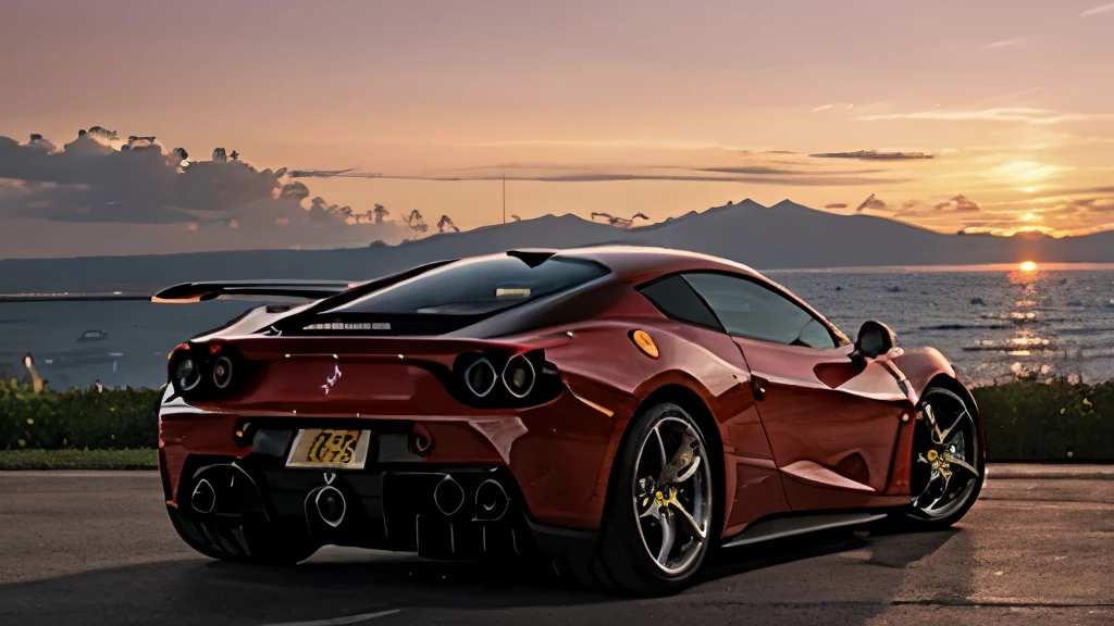 A supercar，Double door，ferrari，Sunset background，rear end forward