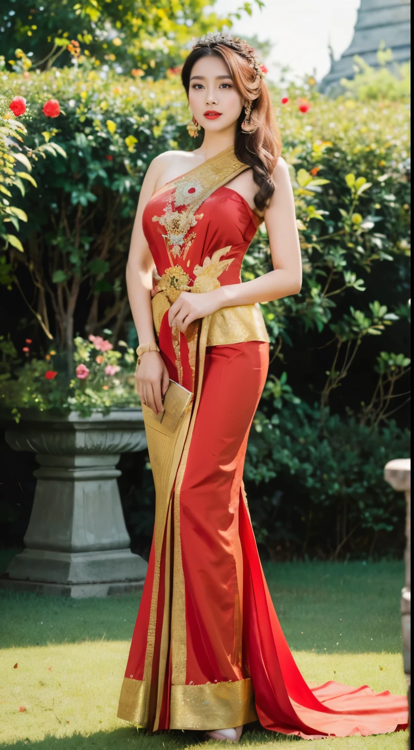 detailed face, Clear face, beautiful girl, Asian makeup, red lips, brown hair, crown, Medium body, big breasts, Thai angel costume, ancient, Medium sexy dress, red dress, high resolution, The body is full of, evening light, flower garden background, The figure is proportionate to the level of a beauty queen.,full body.