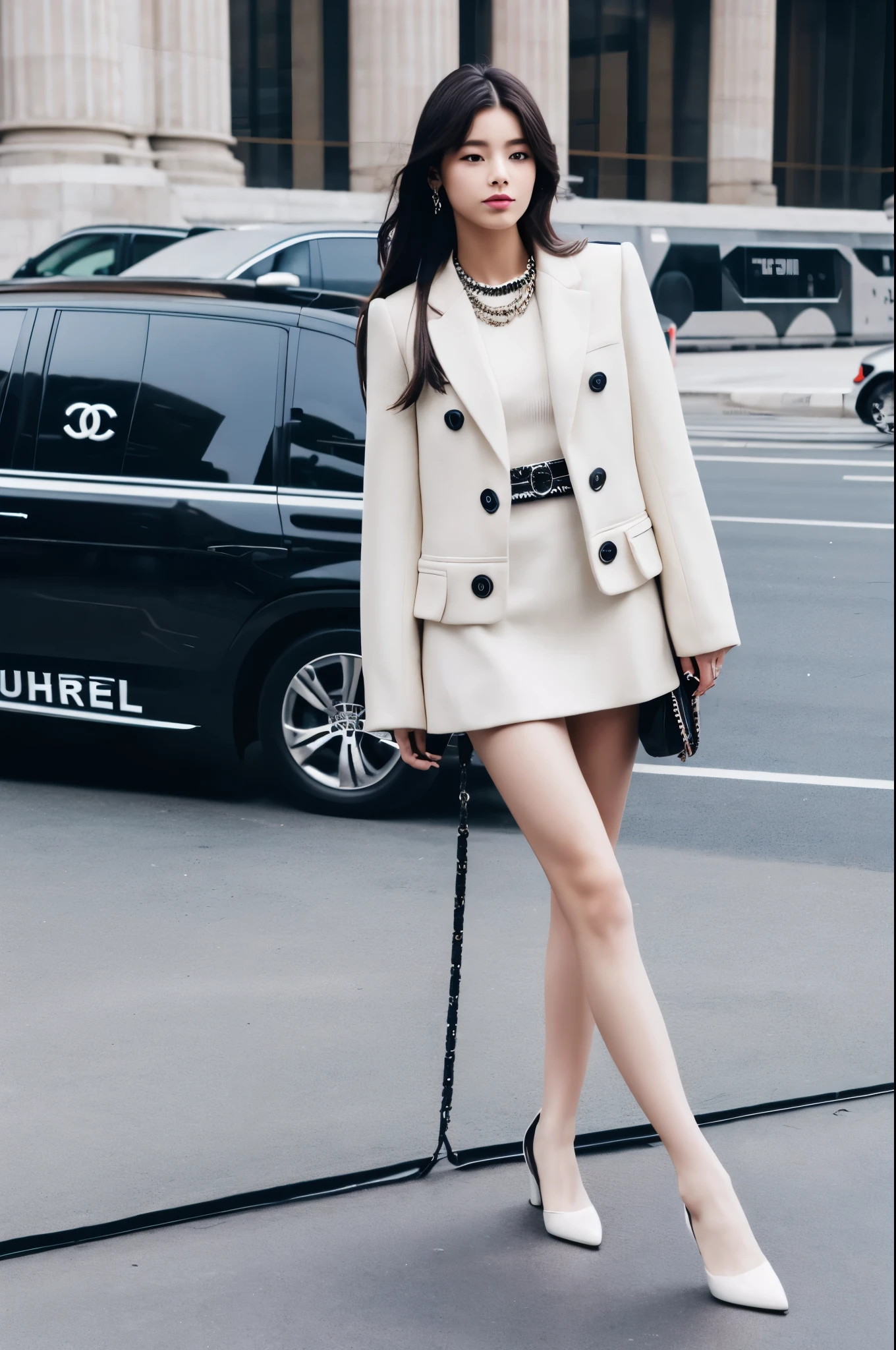 Top quality,Masterpiece,Super high quality,(Actual size:1.4),Original photo,Super high quality,8k,Girl,Chanel style dress,suit,fashion,winter,confident and beautiful,calm temperament,full body,street,long legs
