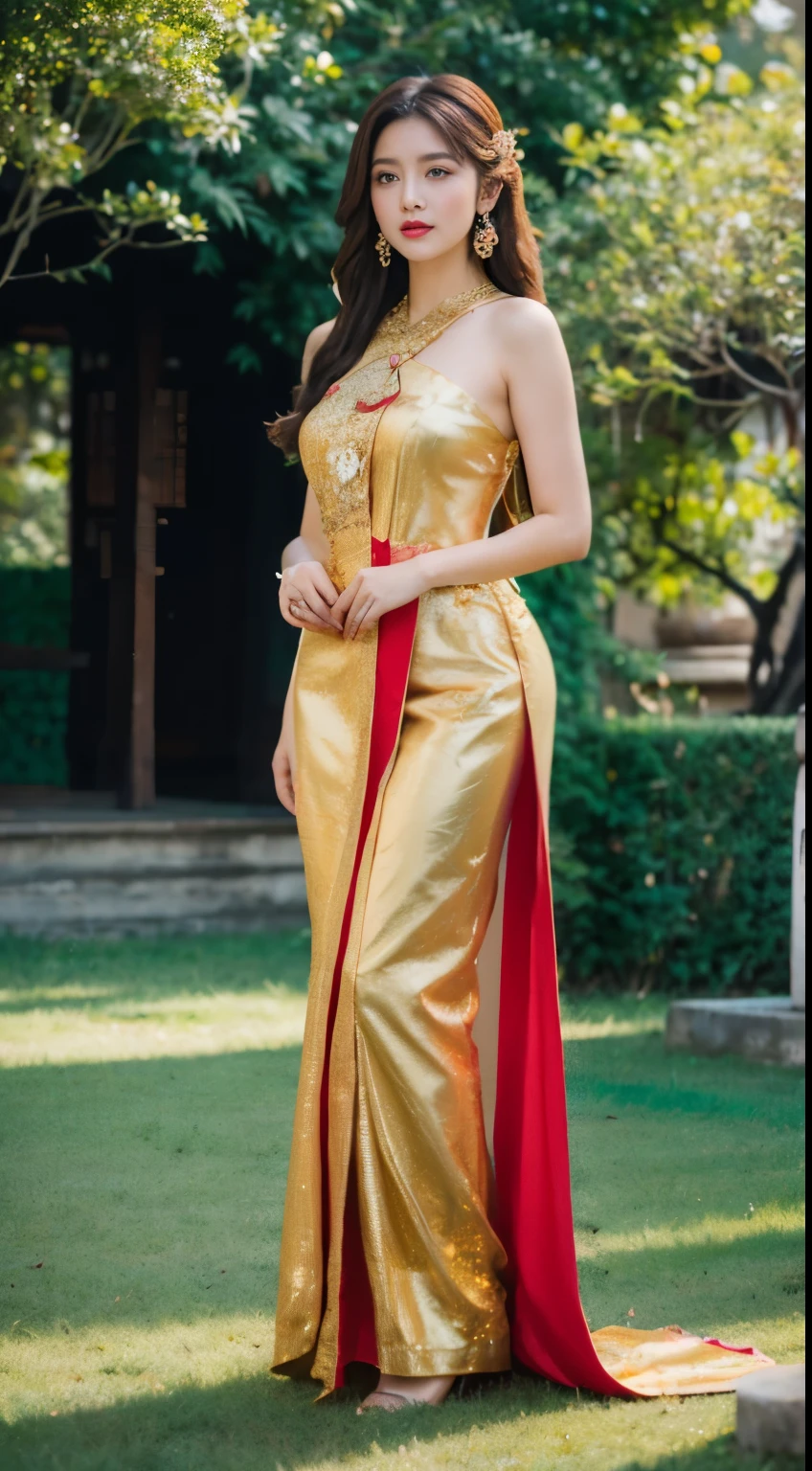 detailed face, Clear face, beautiful girl, Asian makeup, red lips, brown hair, crown, Medium body, big breasts, Thai angel costume, ancient, Medium sexy dress, red dress, high resolution, The body is full of, evening light, flower garden background, The figure is proportionate to the level of a beauty queen.,full body.