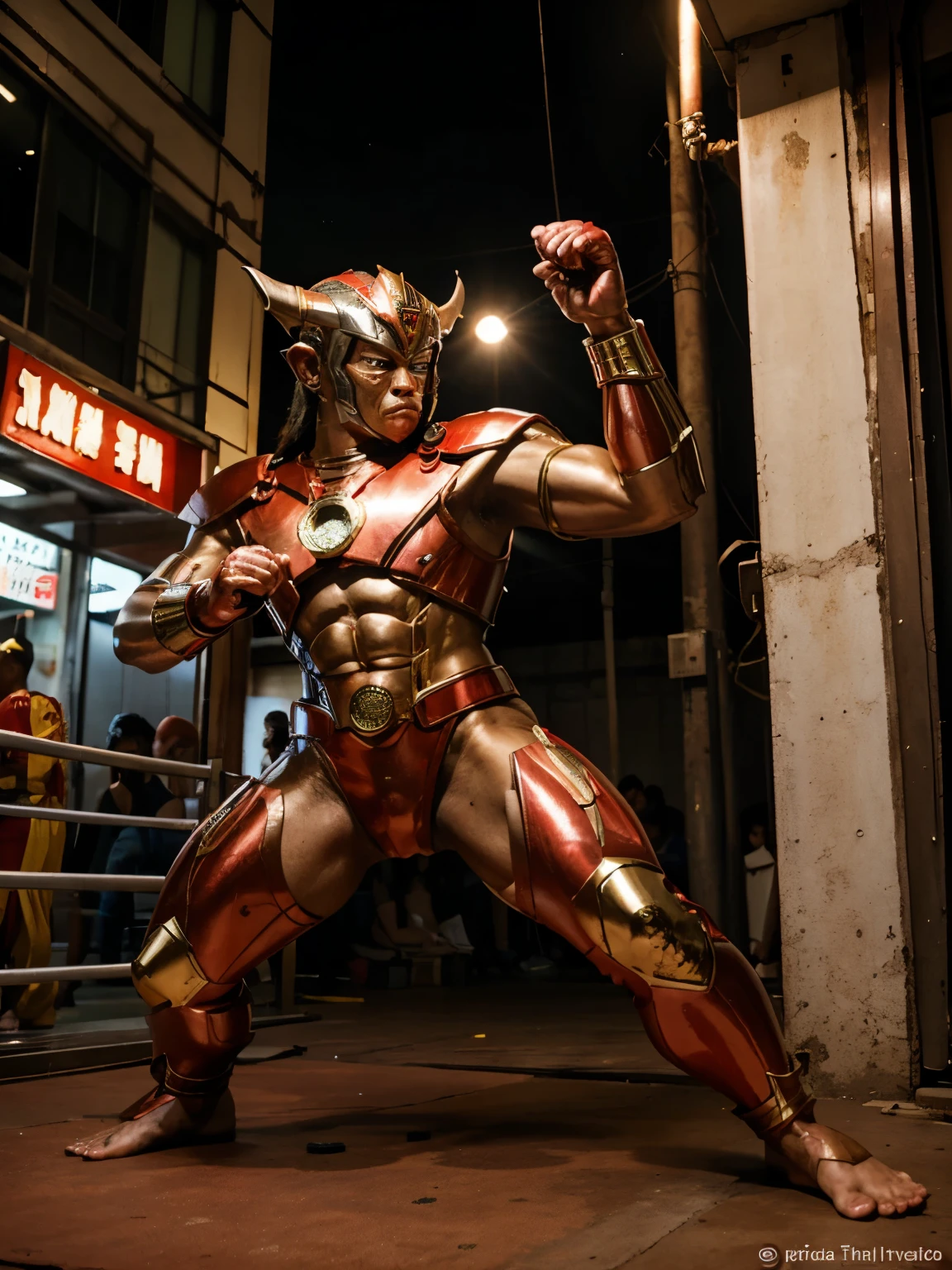Hanuman Thai style fighting with ultraman Japanese super hero bangkok view