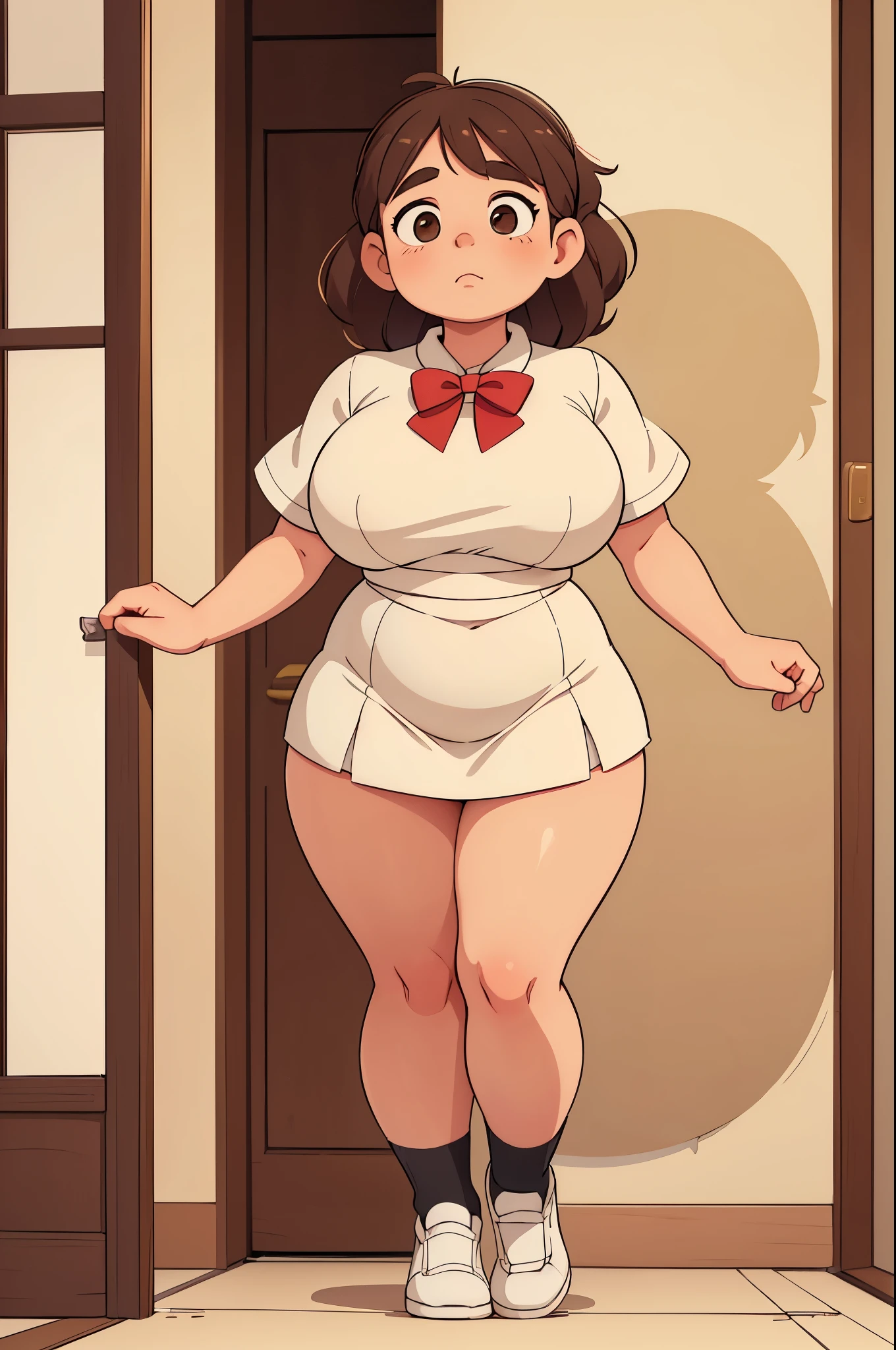 Drawing of a pudgy teen of late adscence with rosy cheeks; brown eyes; very thick, fat, Rubenesque chubby legs and feet; creamy blonde hair. She has muscular, toned, realistic feet and legs. Her fat legs have varicose veins. She is in a white dress with a prominent bow on her waist; she is wearing black dress shoes.