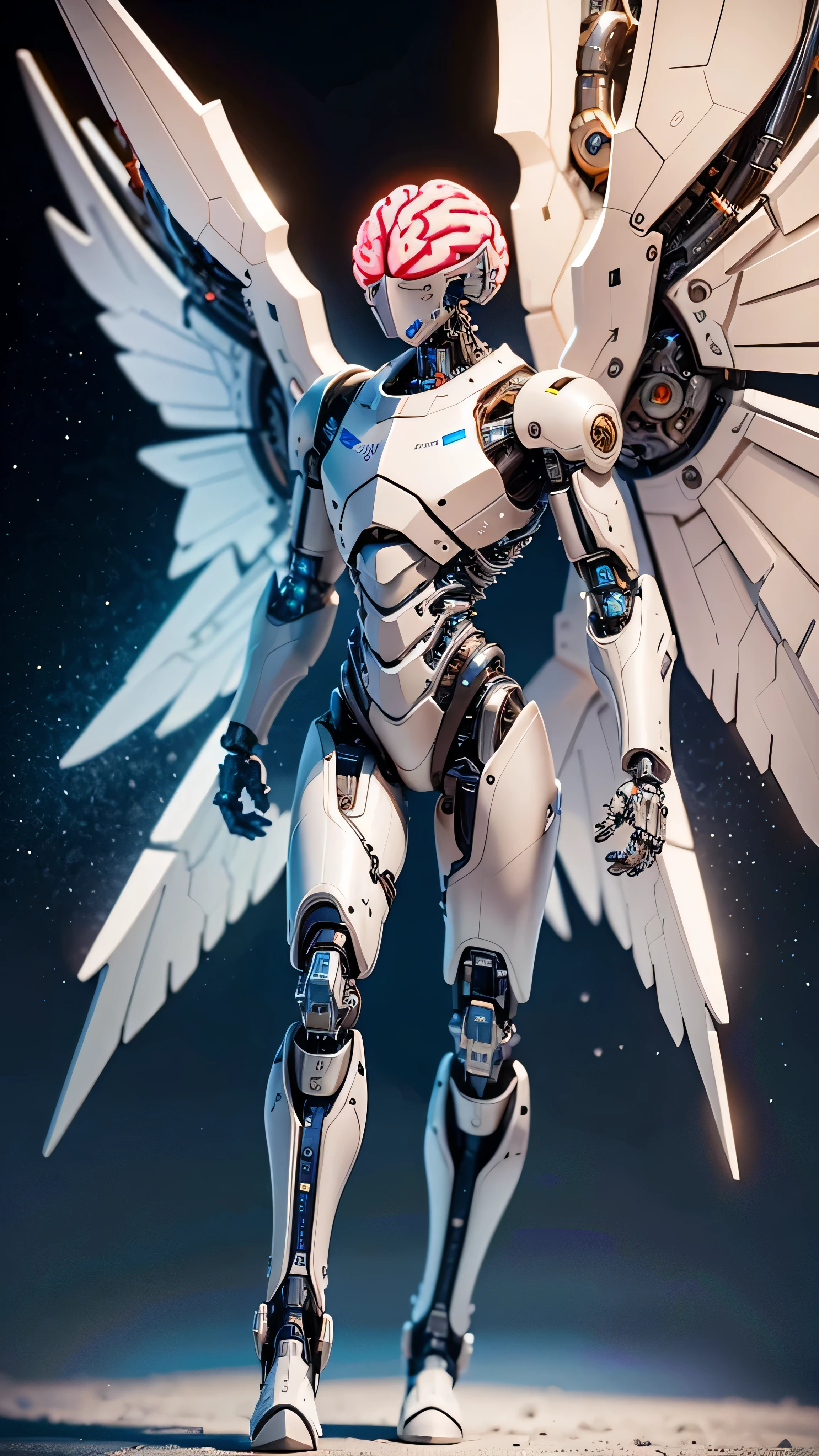 ((best quality: 1.5)) ((masterpiece: 0.8)), intricate details, sharp focus, professional, dim lighting, flickering shadow, dynamic dramatic hero pose, in the style of realistic and hyper detailed renderings BREAK ((paladin Armor, (((male ((brain exposed, faceless)), mechanical wings, cybernetic arms, mechanical legs, glowing white))))), photorealistic, hyper-realistic, 8K, BREAK, ((background futuristic space city, epic battle))