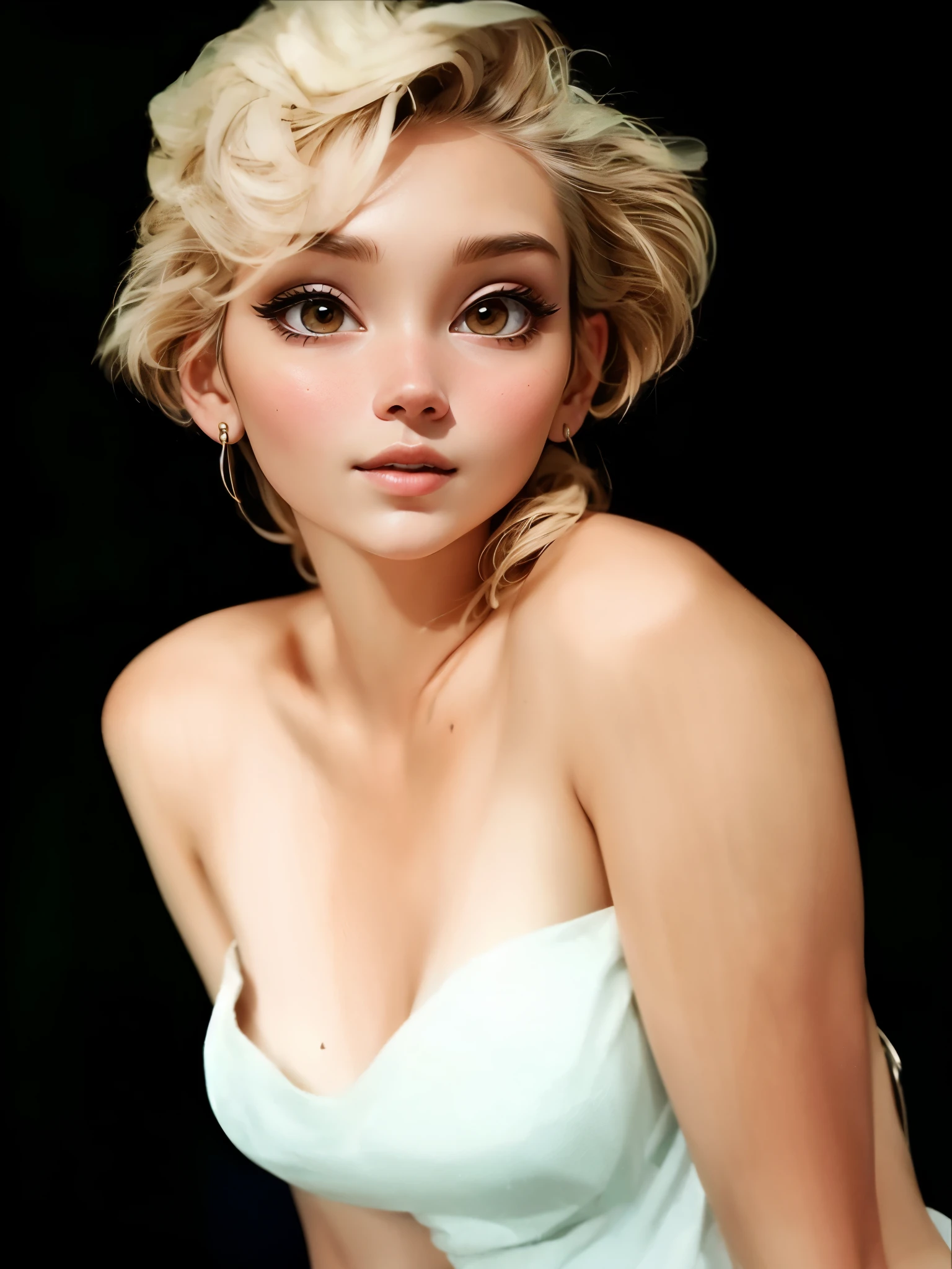 a close up of a woman in a white dress posing for a picture,