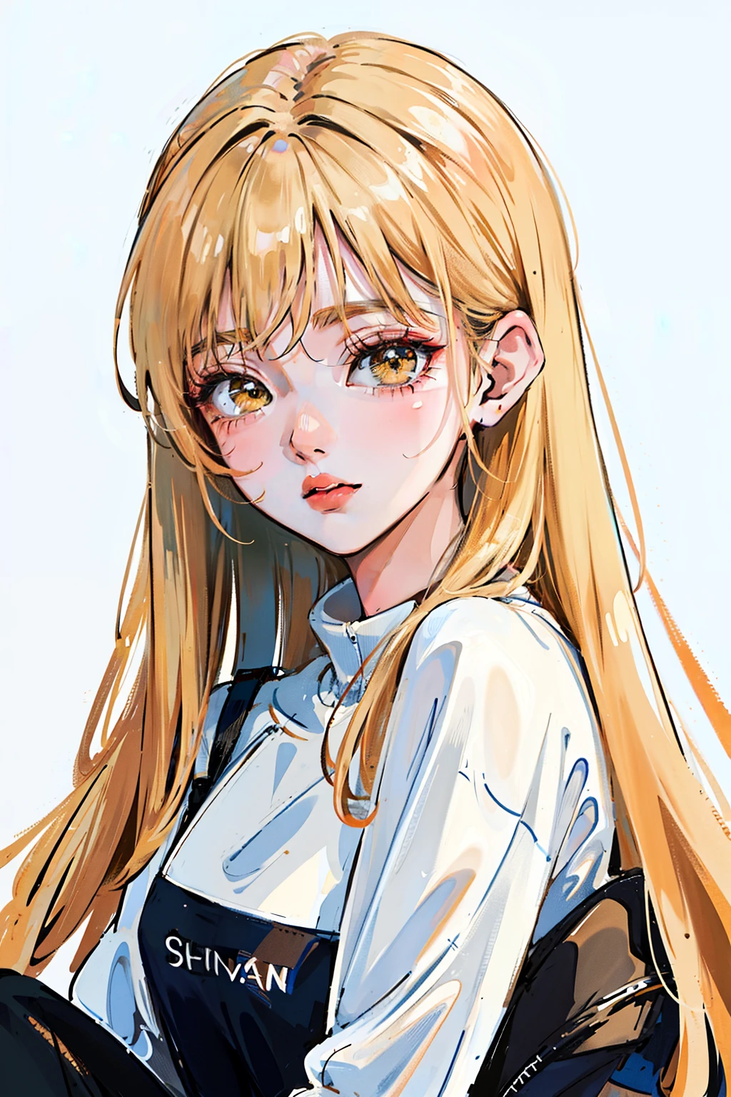 (8K wallpaper unified with ultra-detailed CG, masterpiece, top quality, ultra-detailed), (best lighting, best shadows, extremely delicate and beautiful), (eye-level: 1.4), long shot, full body, sitting, she looks a little sad. She is wearing a sloppy sweatshirt and jacket and headphones. Long blonde hair frames her beautiful face perfectly. Her yellow eyes are shining. She is in her room playing a game.