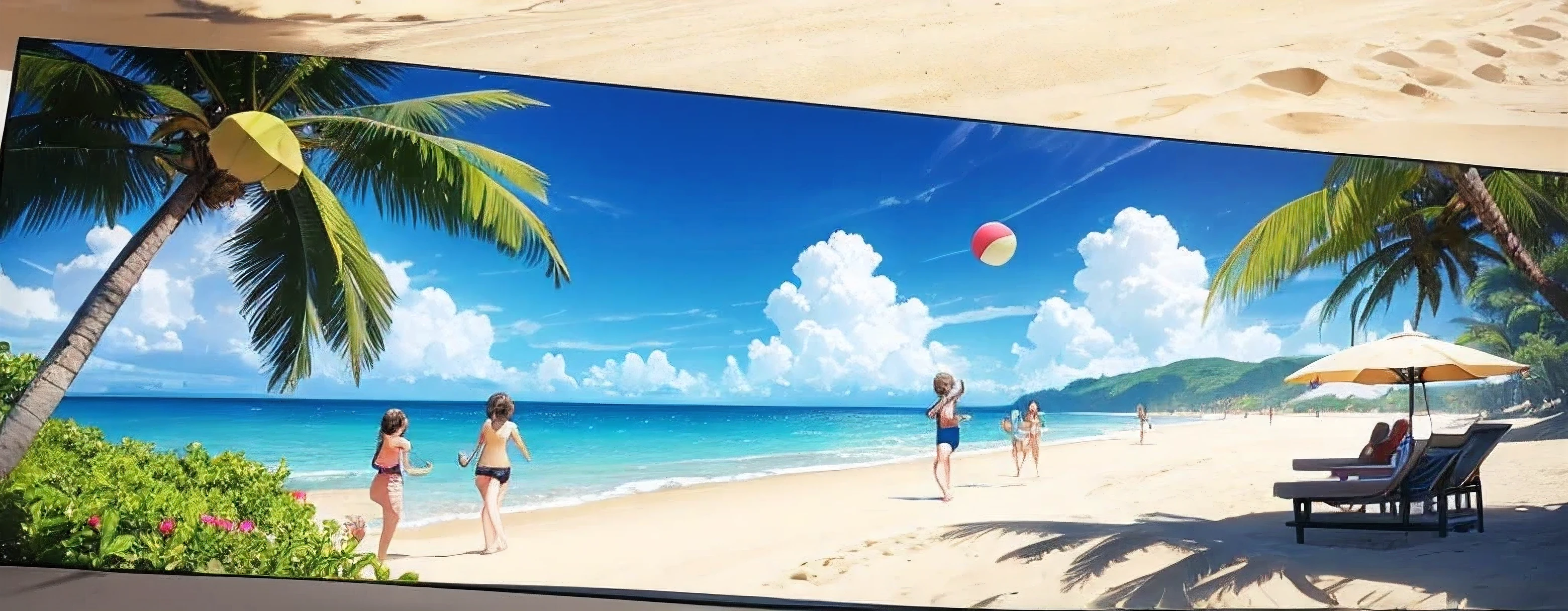 create slider for online shop, summer, beach, palms and happy people playing beach ball