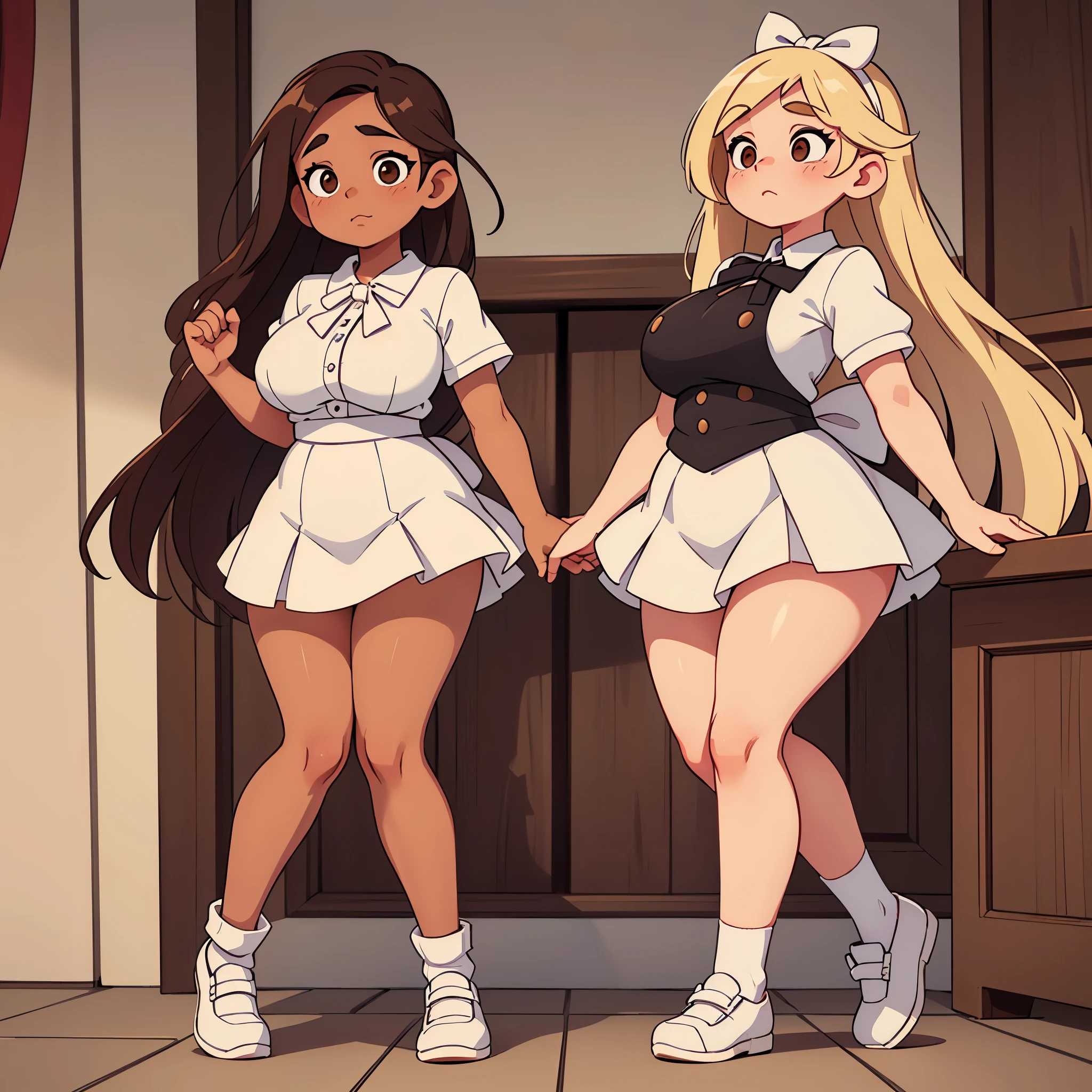 Drawing of a pudgy teen of late adscence with rosy cheeks; brown eyes; musuclar, toned, very thick, fat, Rubenesque chubby legs and feet; creamy blonde hairs. Her fat legs have varicose veins. She is in a white dress with a prominent bow on her waist; she is wearing black dress shoes. Her legs are bent. Her knees are pointed towards each other, bulging. She is in a white blouse and a black miniskirt with a prominent bow on her waist. 