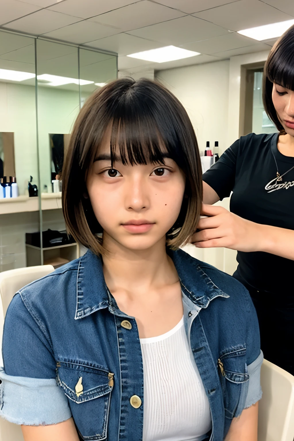 Japanese、man、high school student, look at the front, messy hair, plain shirt, jeans, Inside the beauty salon, sitting in a chair、shy face、haircut table、Not clean、Inside the beauty salon、boy、center parted hairstyle、short hairstyle、Inside the beauty salon、casual hair、Horizontal parting bangs、Undivided、please sit in front、
