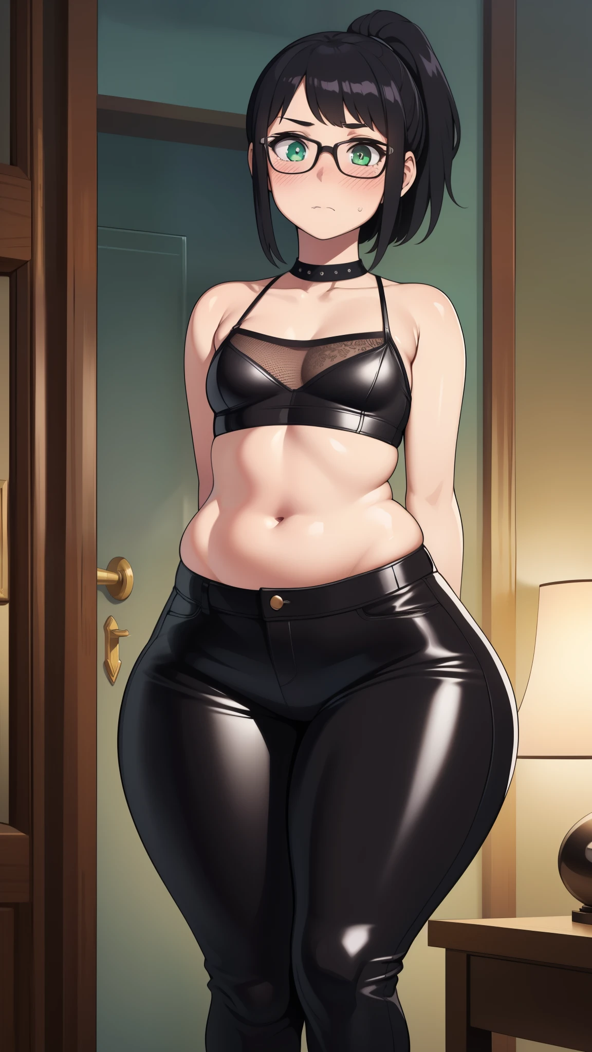 ((highres)), Masterpiece, high quality, best quality, beautiful, perfect lighting, detailed face, ultra cute face, ((1girl)), ((solo)), short black hair, messy hair, ponytail, green eyes, glasses, goth girl, ((blush)), worried, looking at viewer, black laced crop top, black leather pants, chocker, ((small breasts)), (wide hips) (thick thighs), pudgy, library, arms crossed,