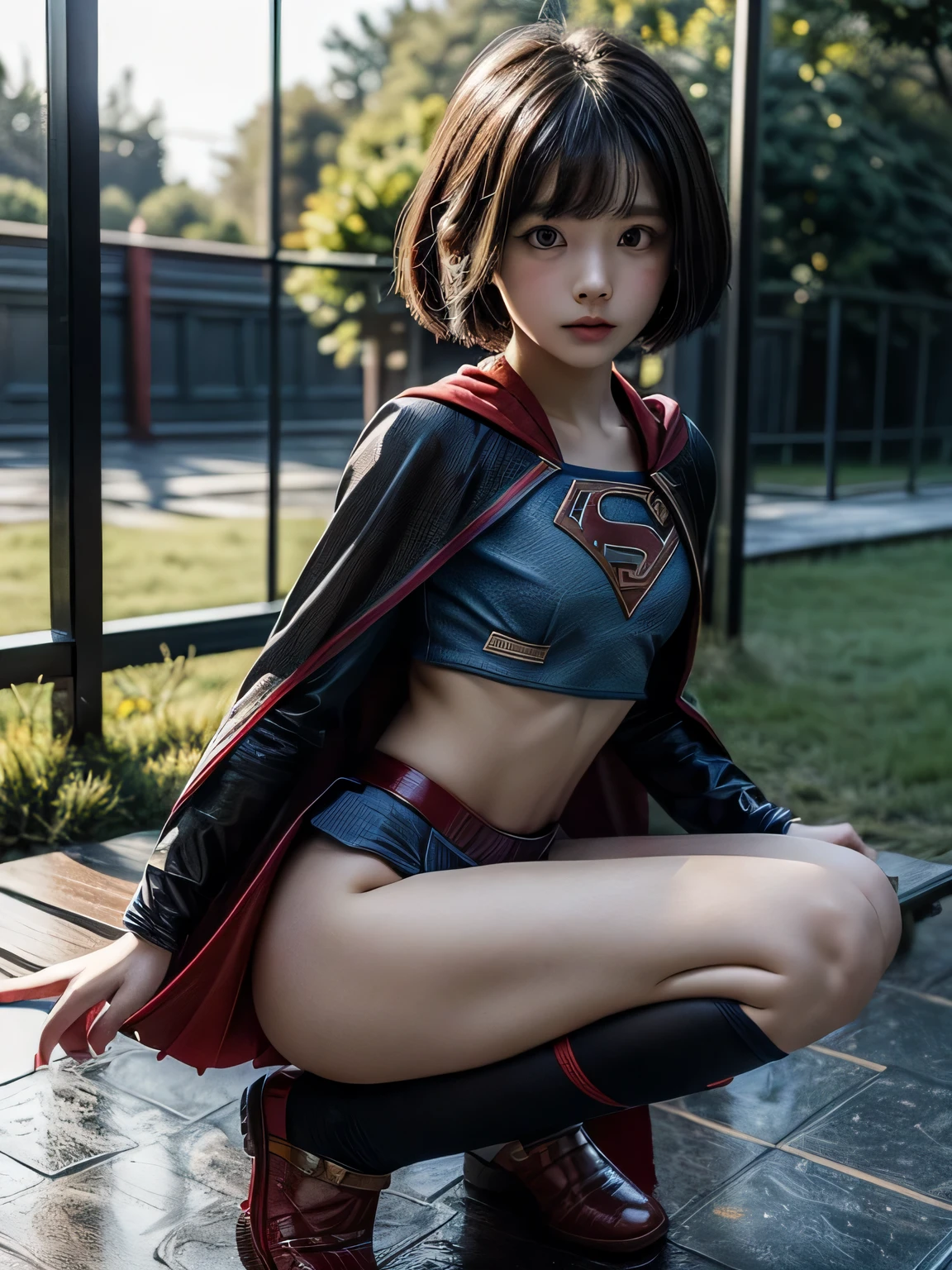 very young supergirl elementary school student, masterpiece, highest quality, abstract, on the desk outdoors、(honeycomb pattern), (creative:1.3), fantasy 00d、 black hair、bob cut with trimmed ends、flat chest、thin crotch、con、belly button、High-leg style、red cloak、pointed nipples、(((squat)))、transparent clothes、10 yd