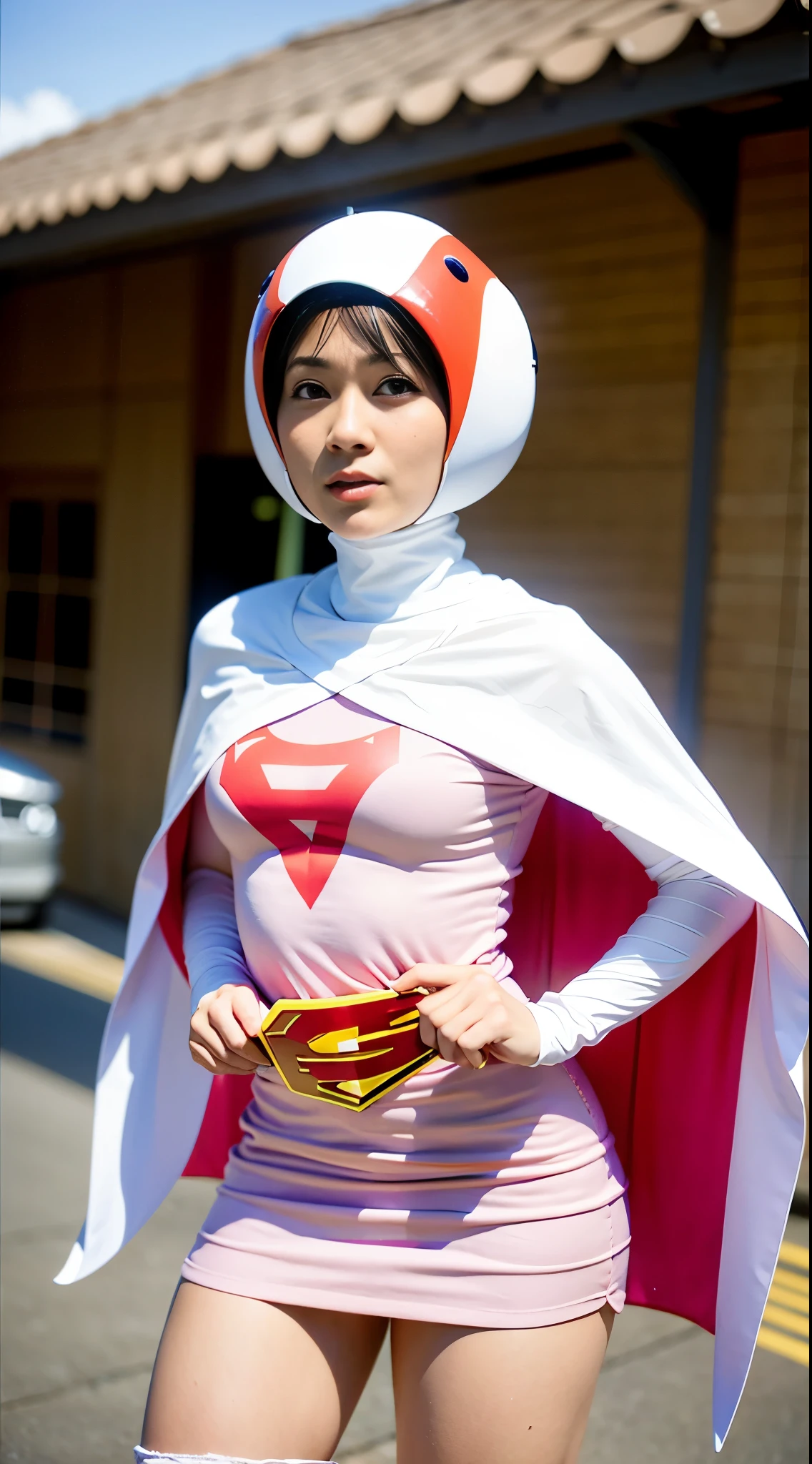 Arafe woman posing for a photo wearing a pink outfit and cloak, professional cosplay, power girl, anime cosplay, by Shinoda Toko, by Akira Toriyama, full-cosplay, As a retro-futuristic heroine, Drawn like the anime Speed Racer, Inspired by Hiromu Arakawa, cosplay photo, cosplay, sorry, anime girl cosplay