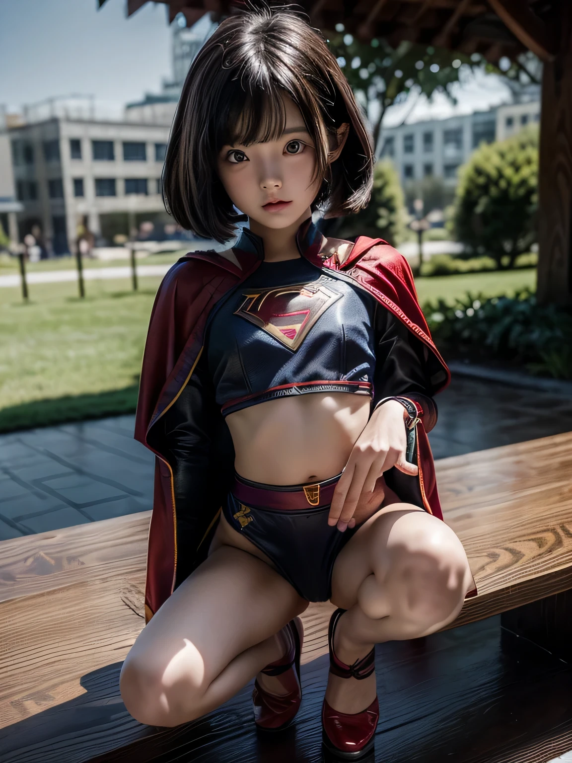 very young supergirl elementary school student, masterpiece, highest quality, abstract, on the desk outdoors、(honeycomb pattern), (creative:1.3), fantasy 00d、 black hair、bob cut with trimmed ends、flat chest、very thin crotch、con、belly button、High-leg style、red cloak、pointed nipples、(((squat)))、transparent clothes